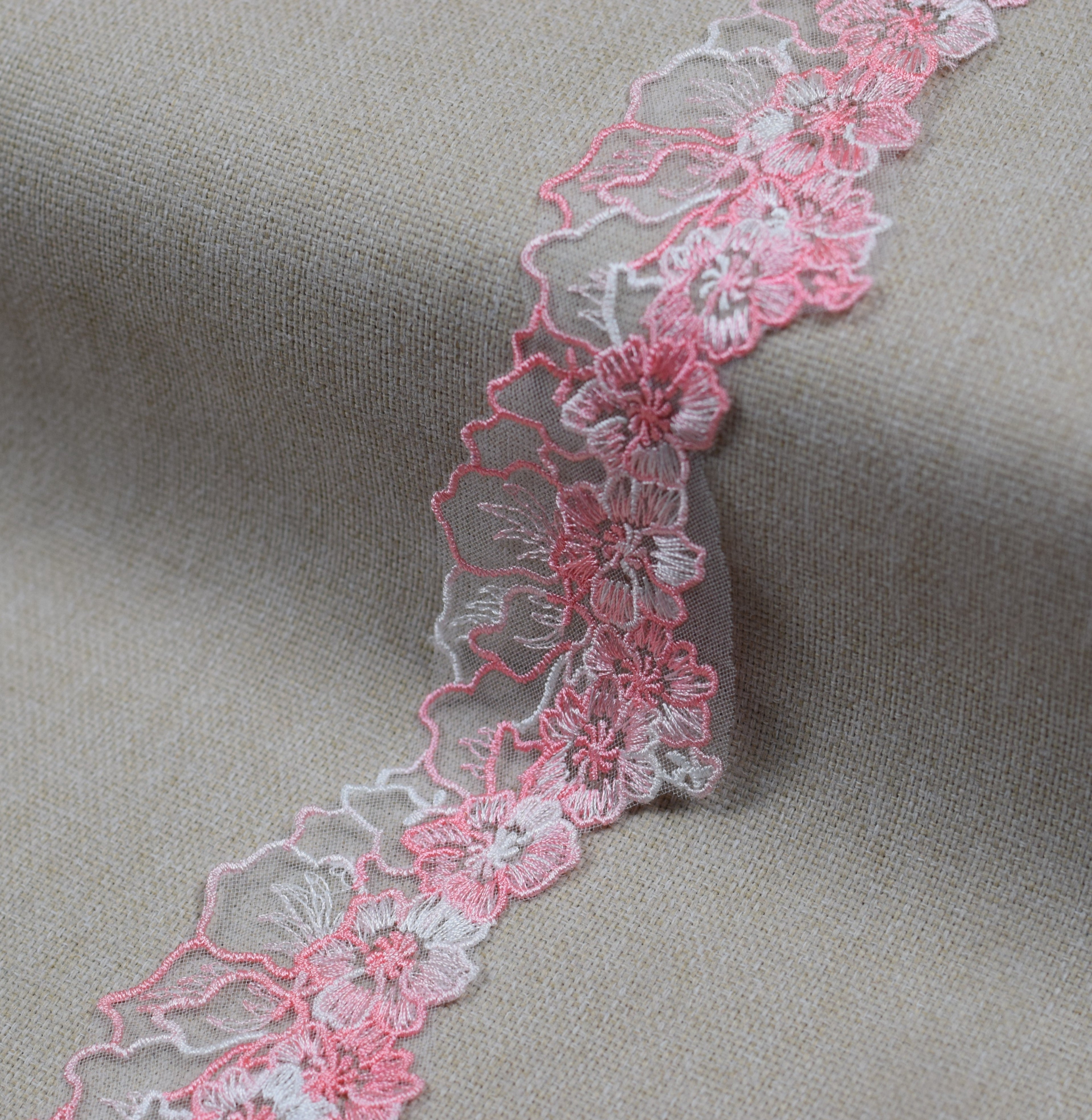 Floral Embroidered Net Lace Trim – Baby Pink & Off White | Decorative Sewing & Craft Lace | 10 Yards (9.1 Meters)