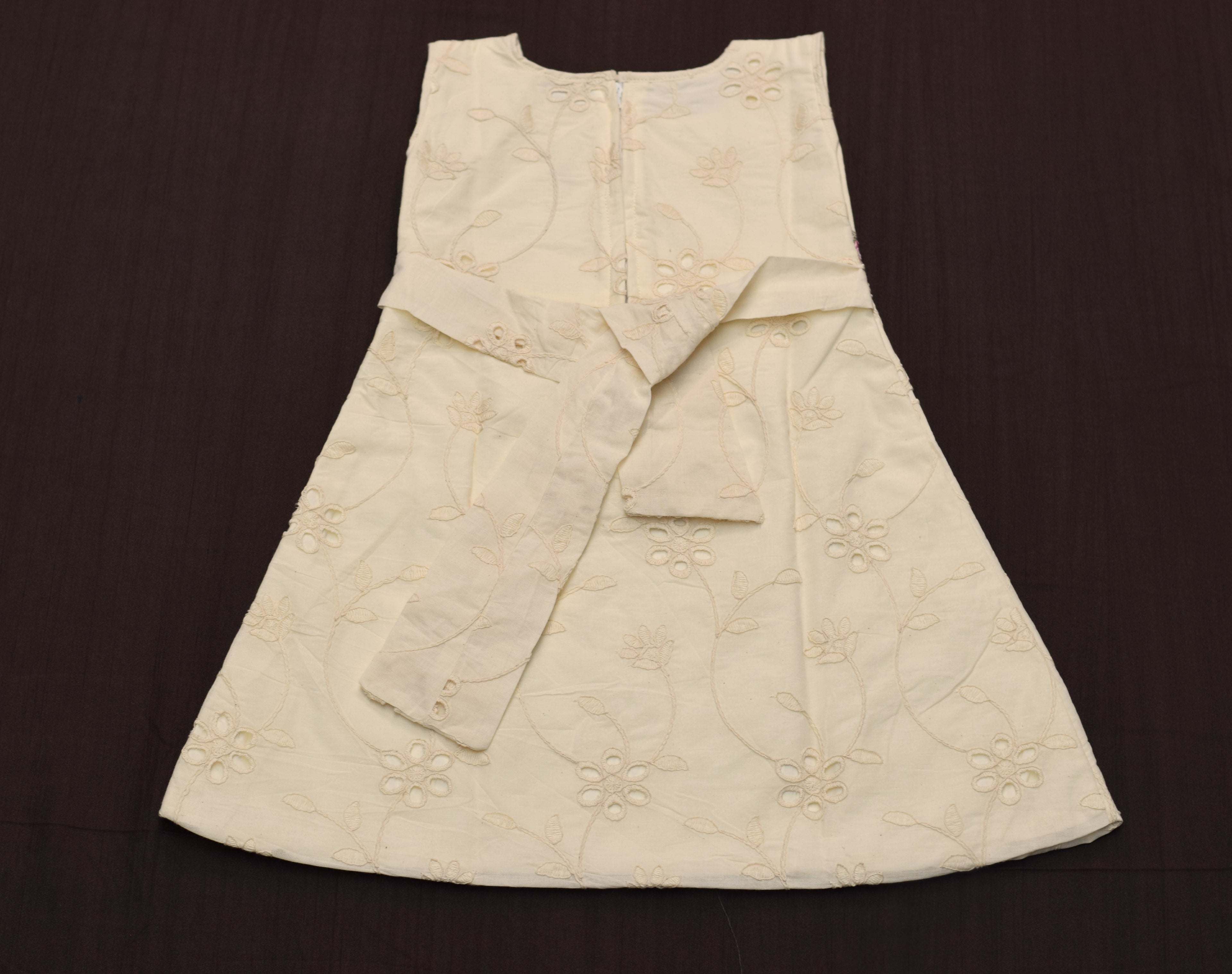 Cream Floral Embroidered Kids Frock