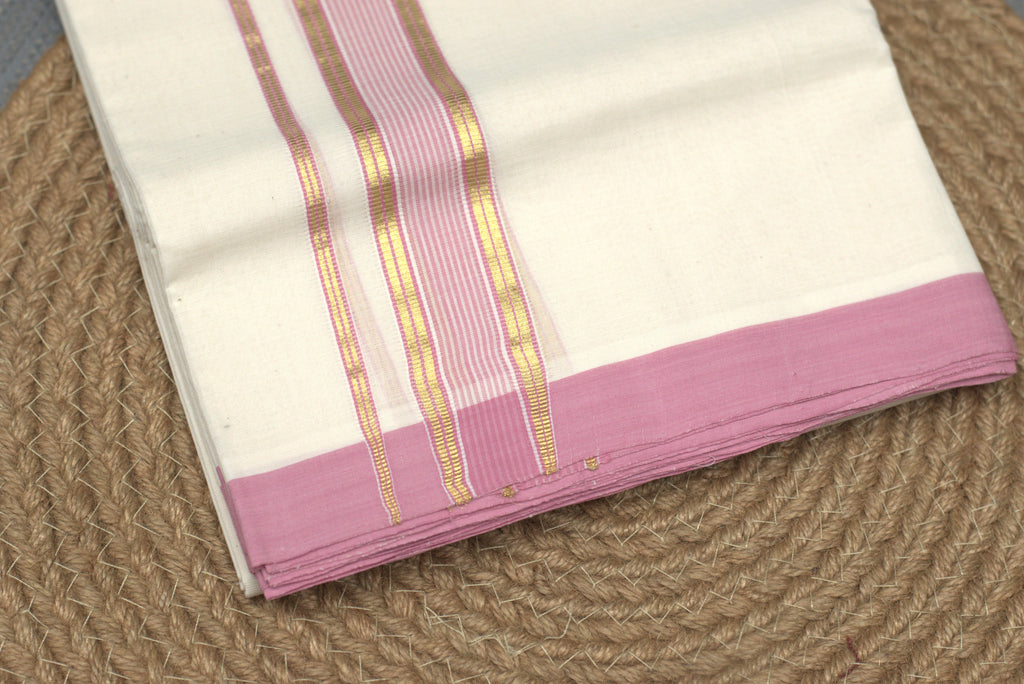 Elegant Off-White Cotton Double Kodi Mundu with Pink & Gold Border