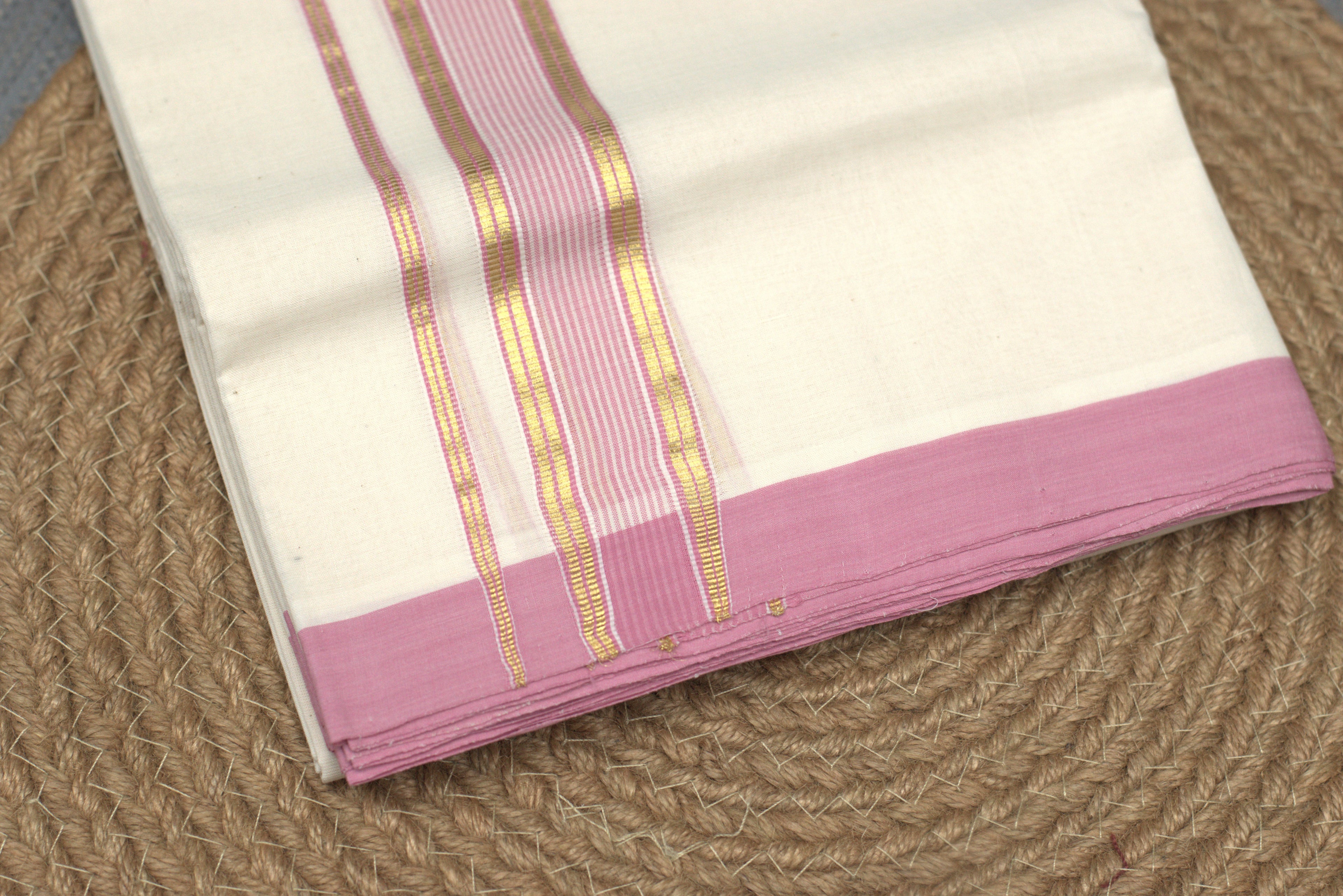 Elegant Off-White Cotton Double Kodi Mundu with Pink & Gold Border