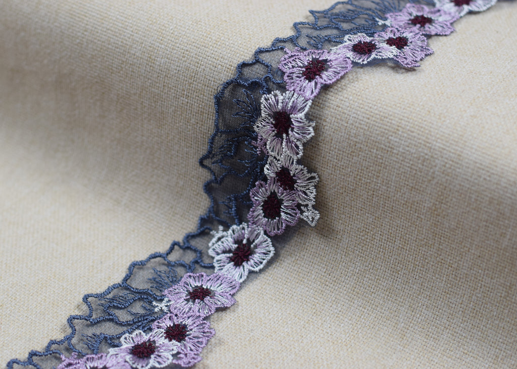 Floral Embroidered Net Lace Trim – Dusty Lavender, Navy Blue & Silver Grey | Decorative Sewing & Craft Lace | 10 Yards (9.1 m)