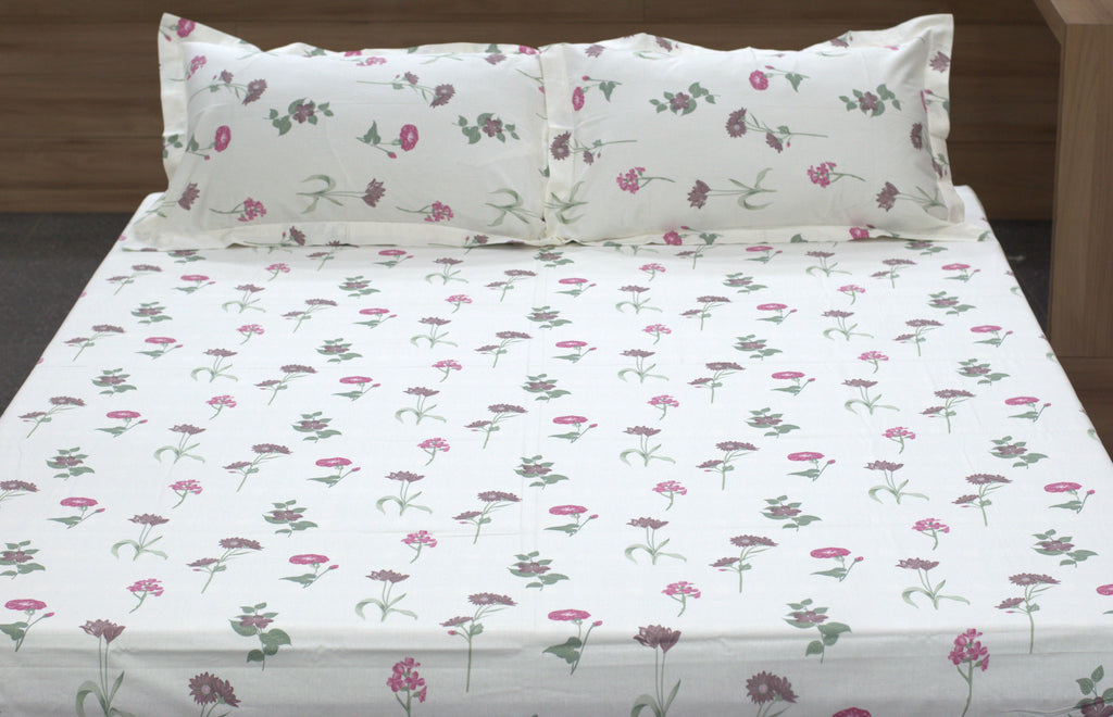 Queen Size White Floral Printed Bedsheet with 2 Pillow Covers – Cotton Comfort