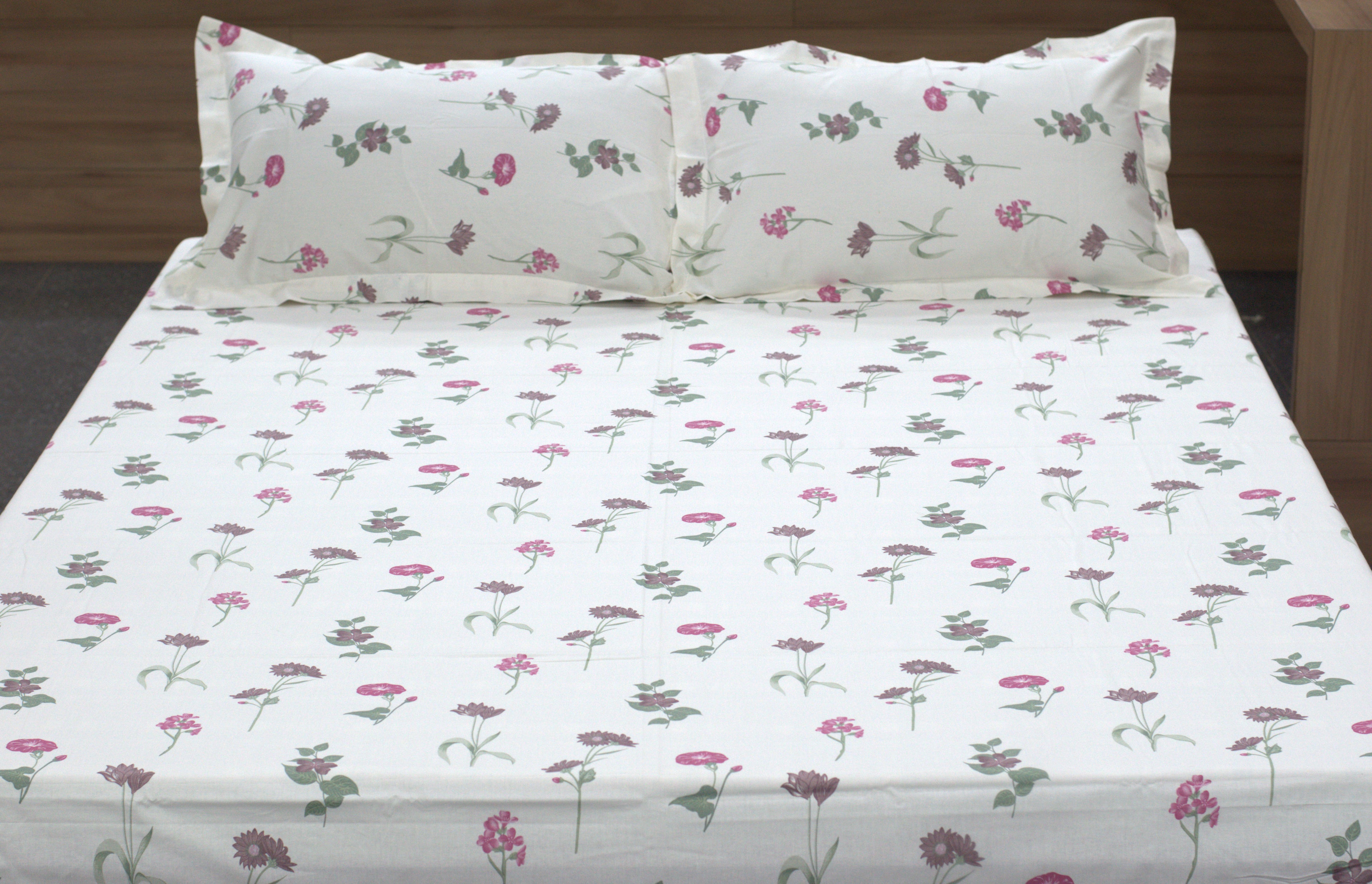 Queen Size White Floral Printed Bedsheet with 2 Pillow Covers – Cotton Comfort