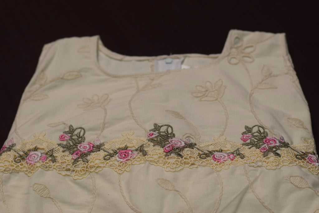 Cream Floral Embroidered Kids Frock