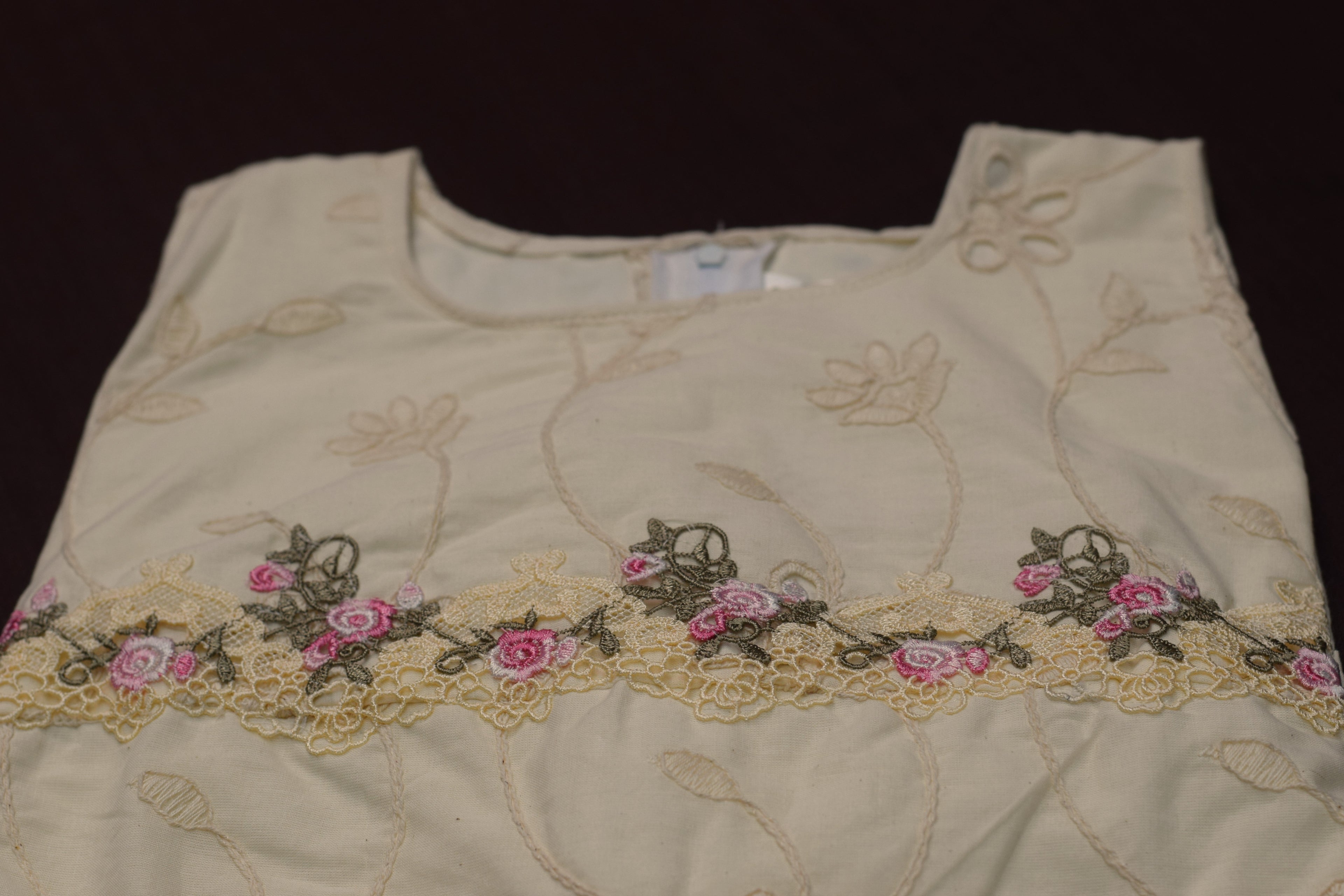Cream Floral Embroidered Kids Frock