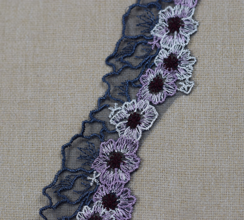 Floral Embroidered Net Lace Trim – Dusty Lavender, Navy Blue & Silver Grey | Decorative Sewing & Craft Lace | 10 Yards (9.1 m)