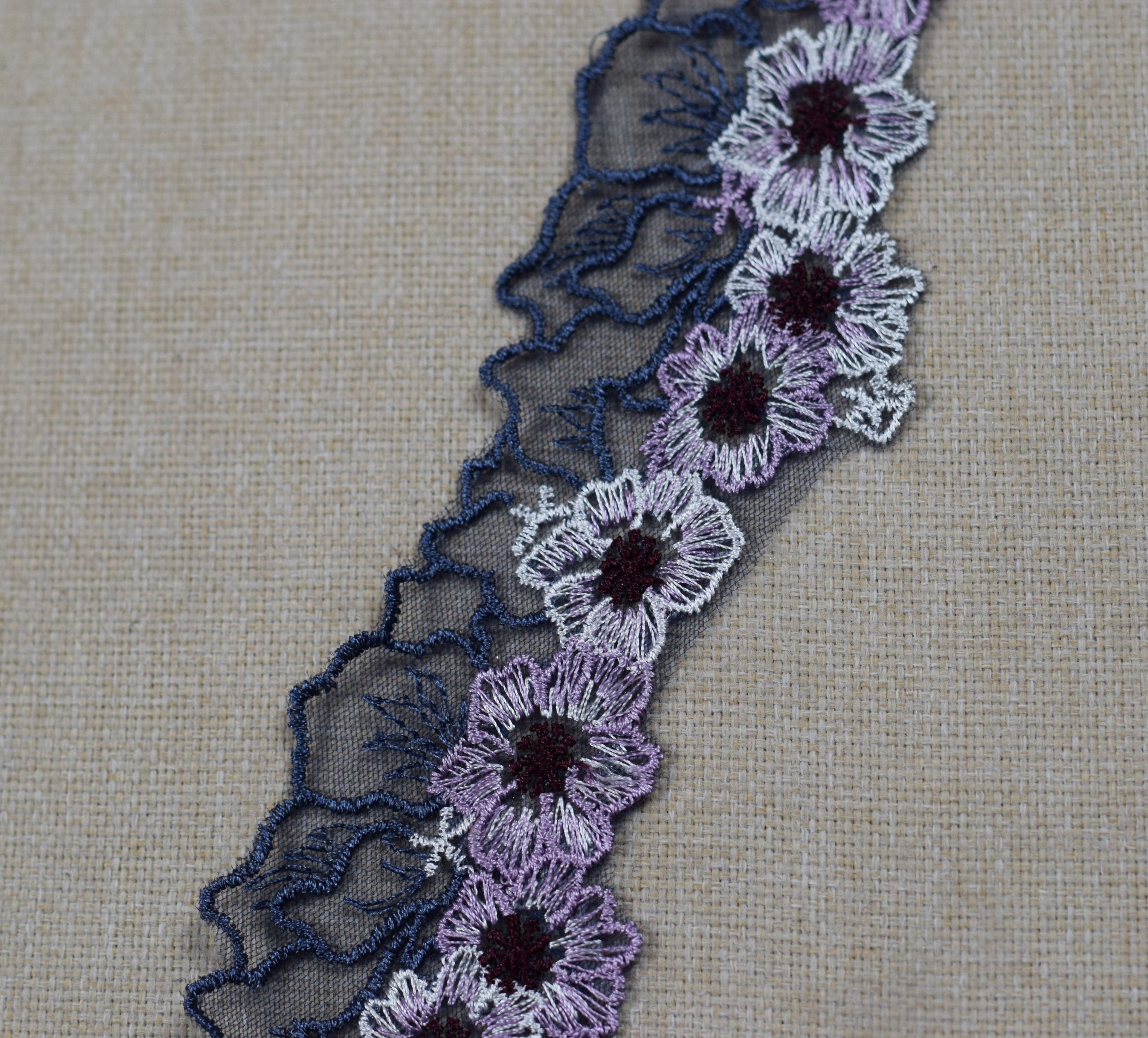 Floral Embroidered Net Lace Trim – Dusty Lavender, Navy Blue & Silver Grey | Decorative Sewing & Craft Lace | 10 Yards (9.1 m)