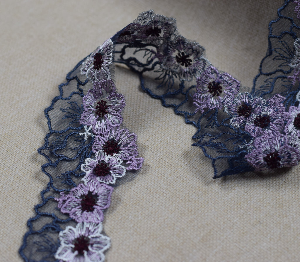 Floral Embroidered Net Lace Trim – Dusty Lavender, Navy Blue & Silver Grey | Decorative Sewing & Craft Lace | 10 Yards (9.1 m)