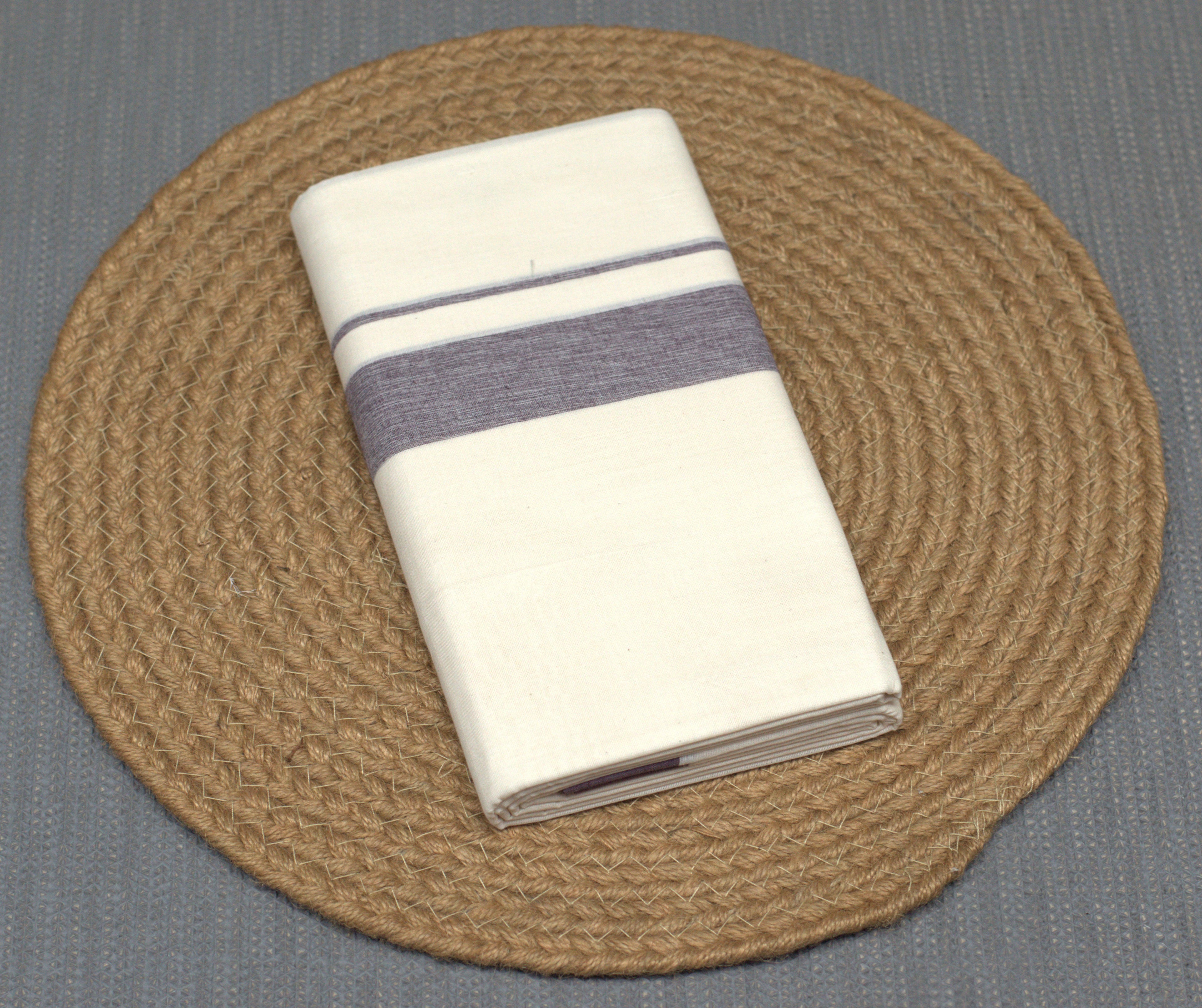 Premium Off-White Cotton Double Mundu with Charcoal Blue Border