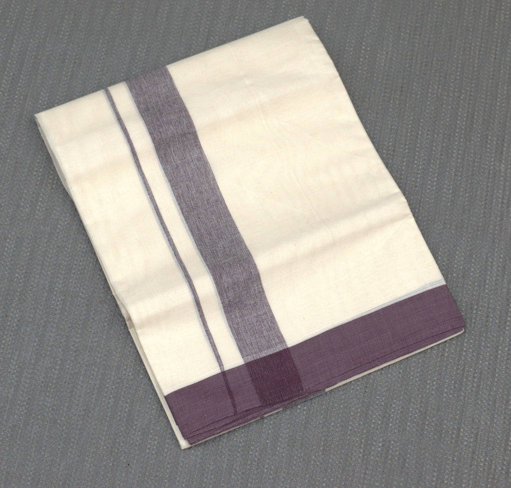 Premium Off-White Cotton Double Mundu with Charcoal Blue Border