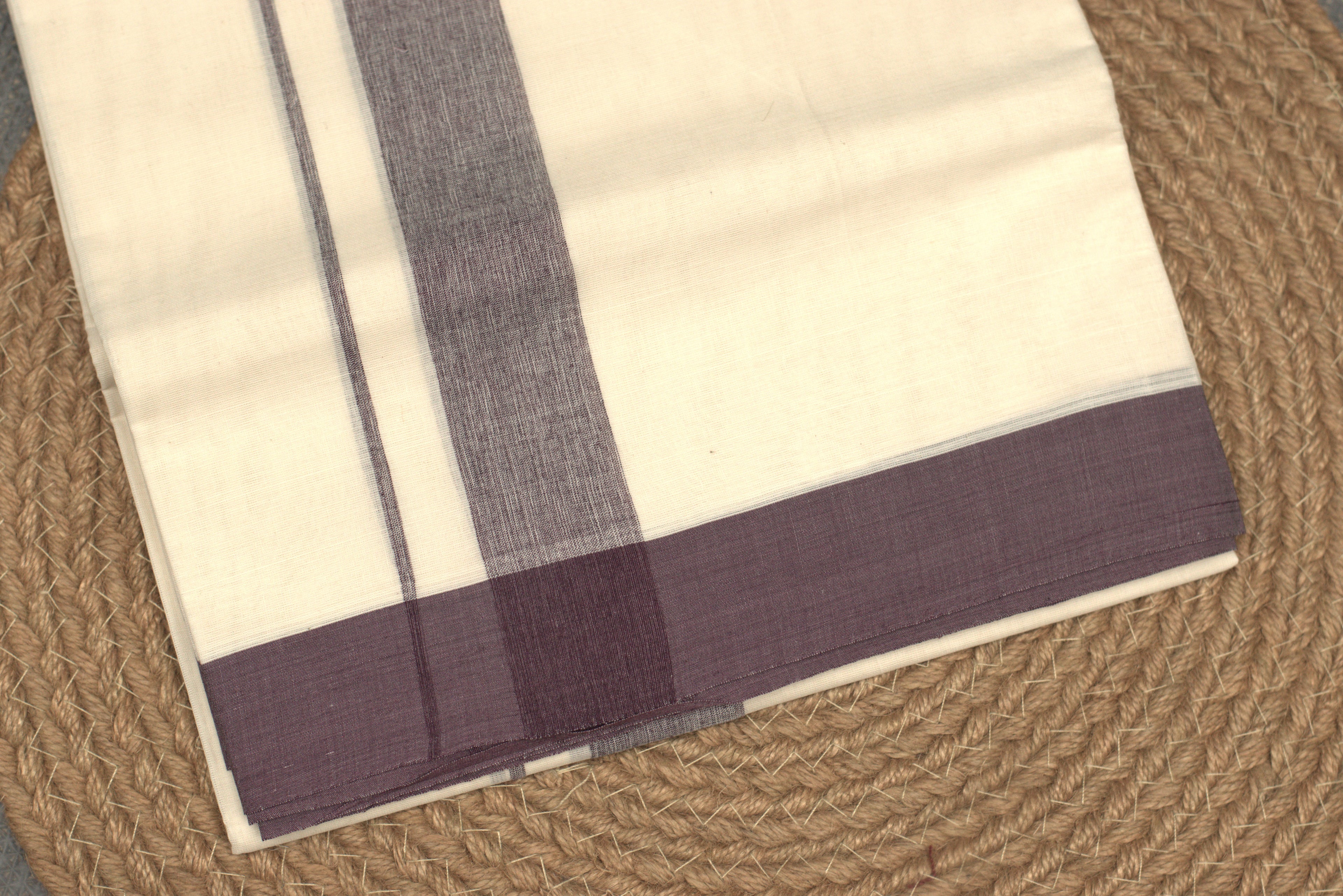 Premium Off-White Cotton Double Mundu with Charcoal Blue Border