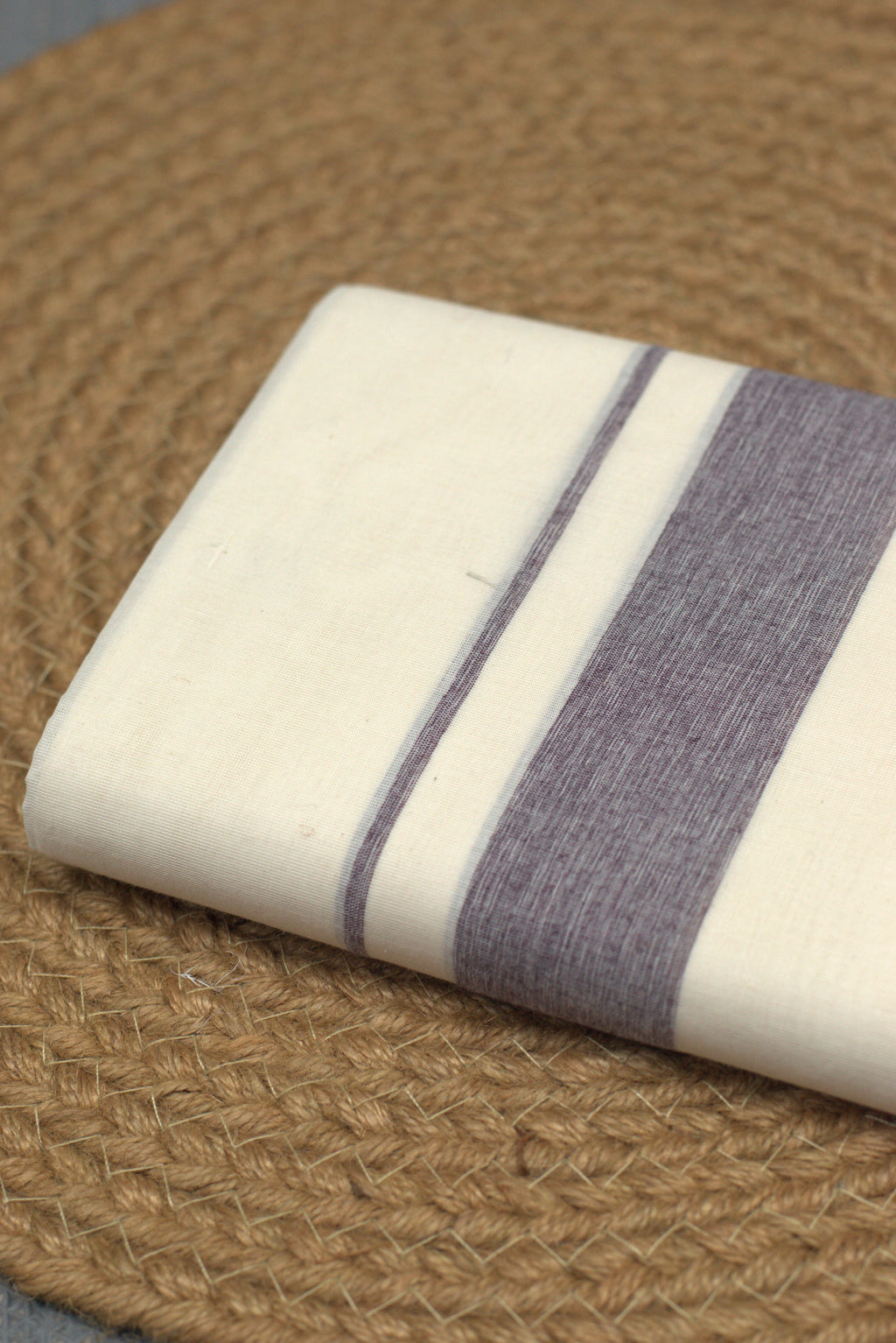 Premium Off-White Cotton Double Mundu with Charcoal Blue Border