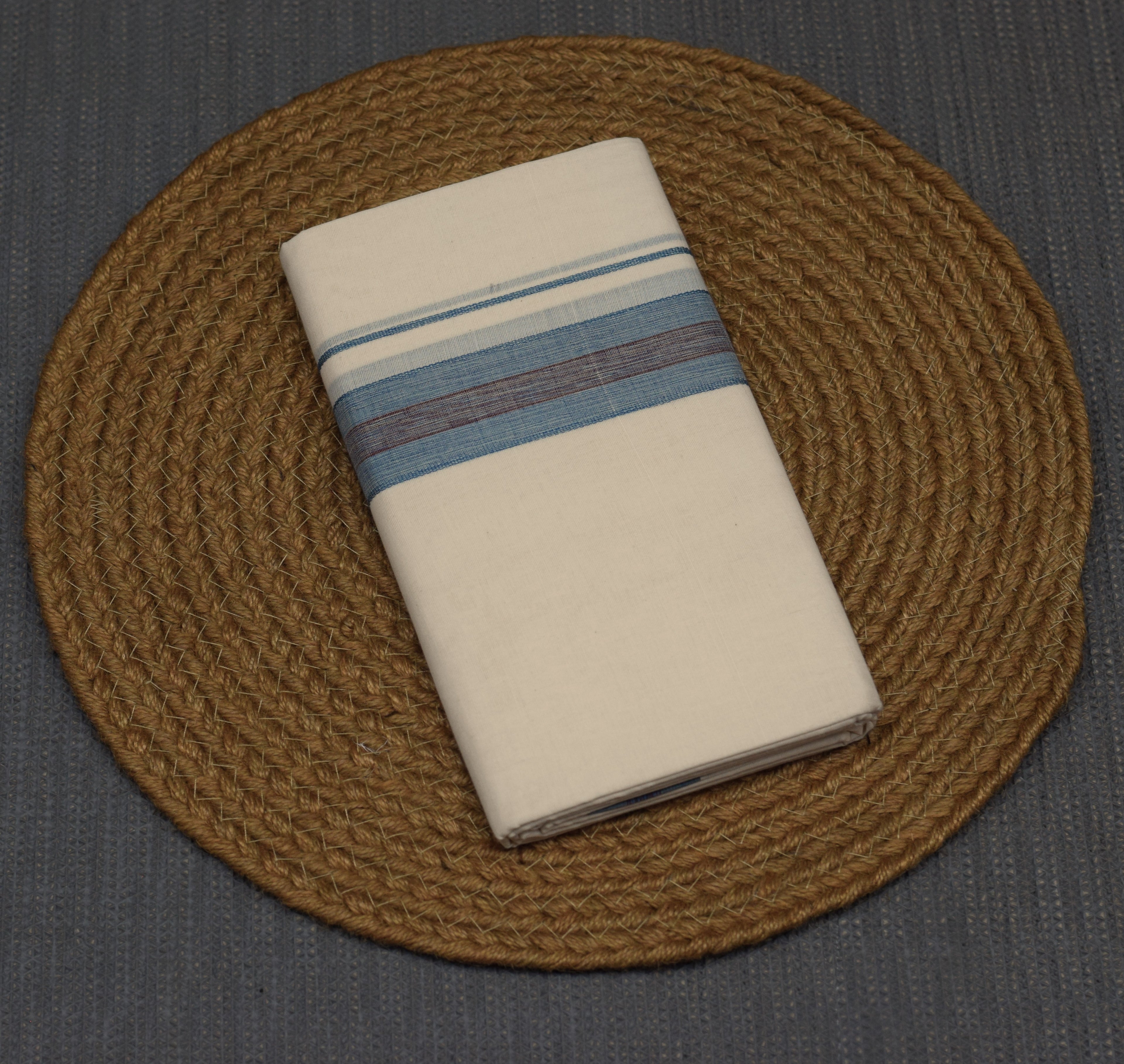 Off-White Cotton Double Mundu with Teal & Maroon Border
