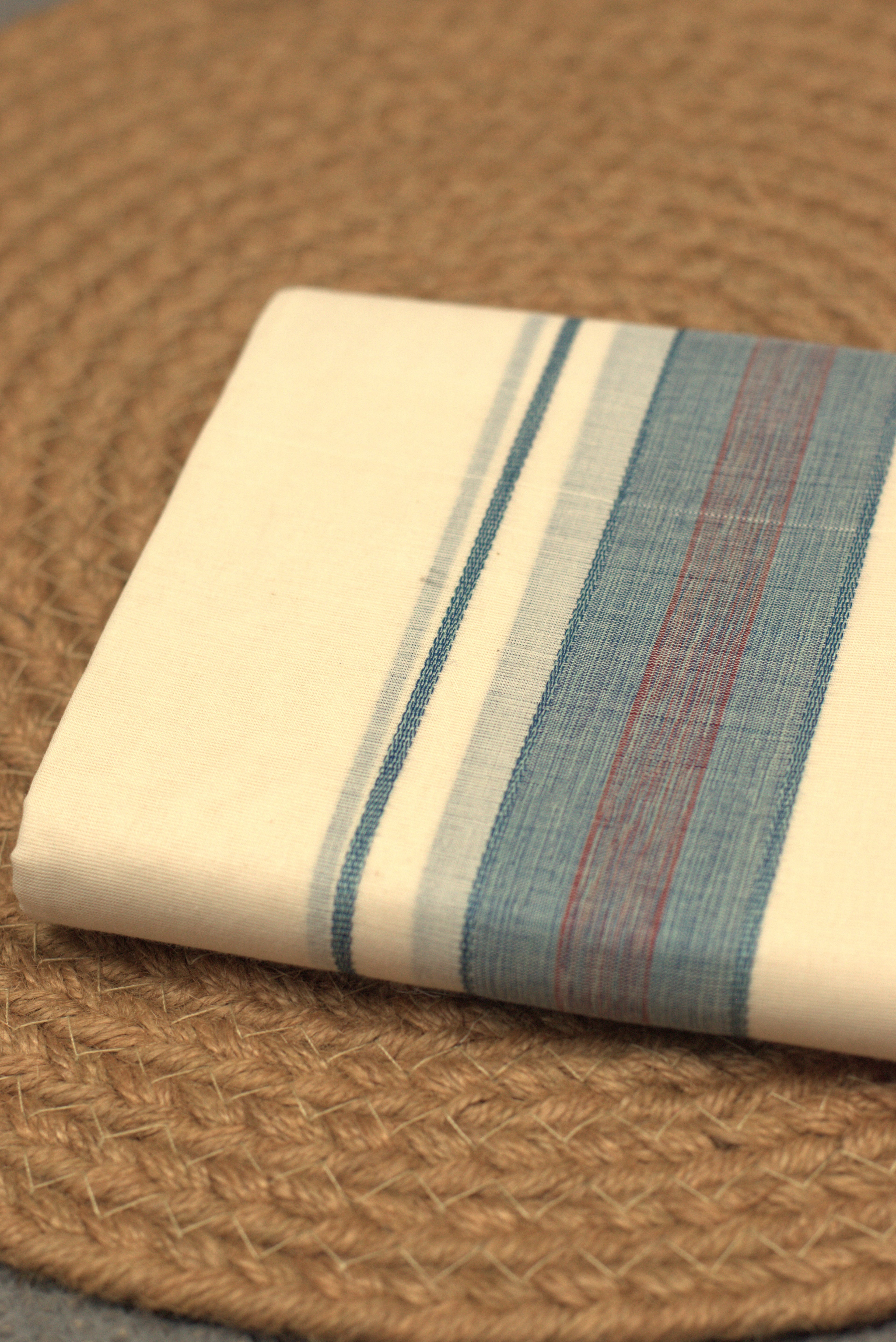 Off-White Cotton Double Mundu with Teal & Maroon Border