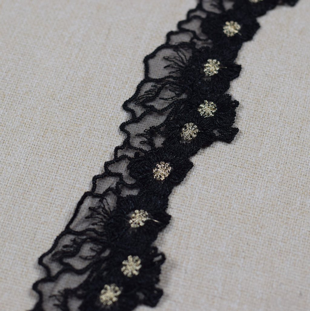 Floral Embroidered Net Lace Trim – Black & Gold | Decorative Sewing & Craft Lace | 10 Yards (9.1 Meters)