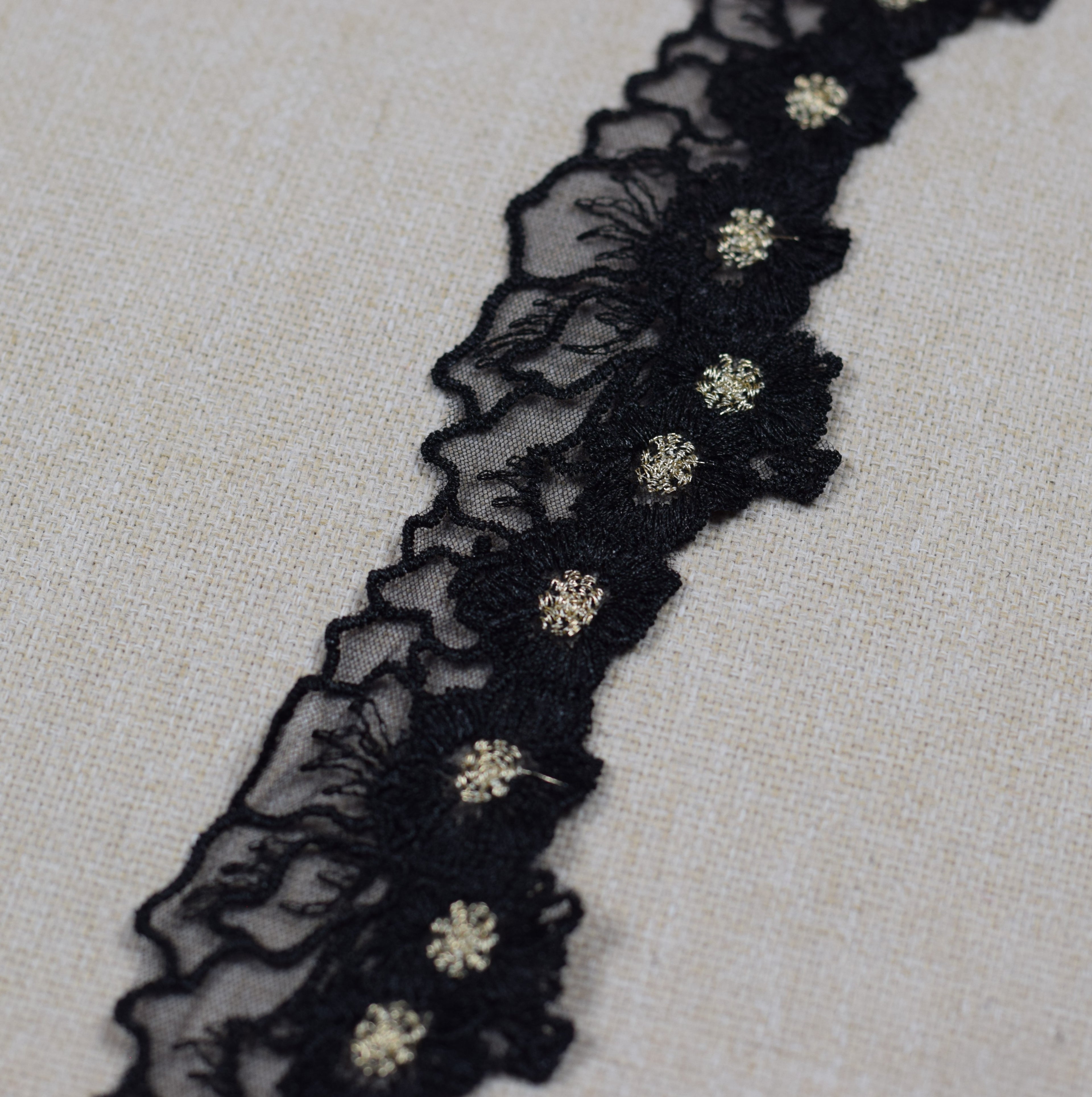 Floral Embroidered Net Lace Trim – Black & Gold | Decorative Sewing & Craft Lace | 10 Yards (9.1 Meters)