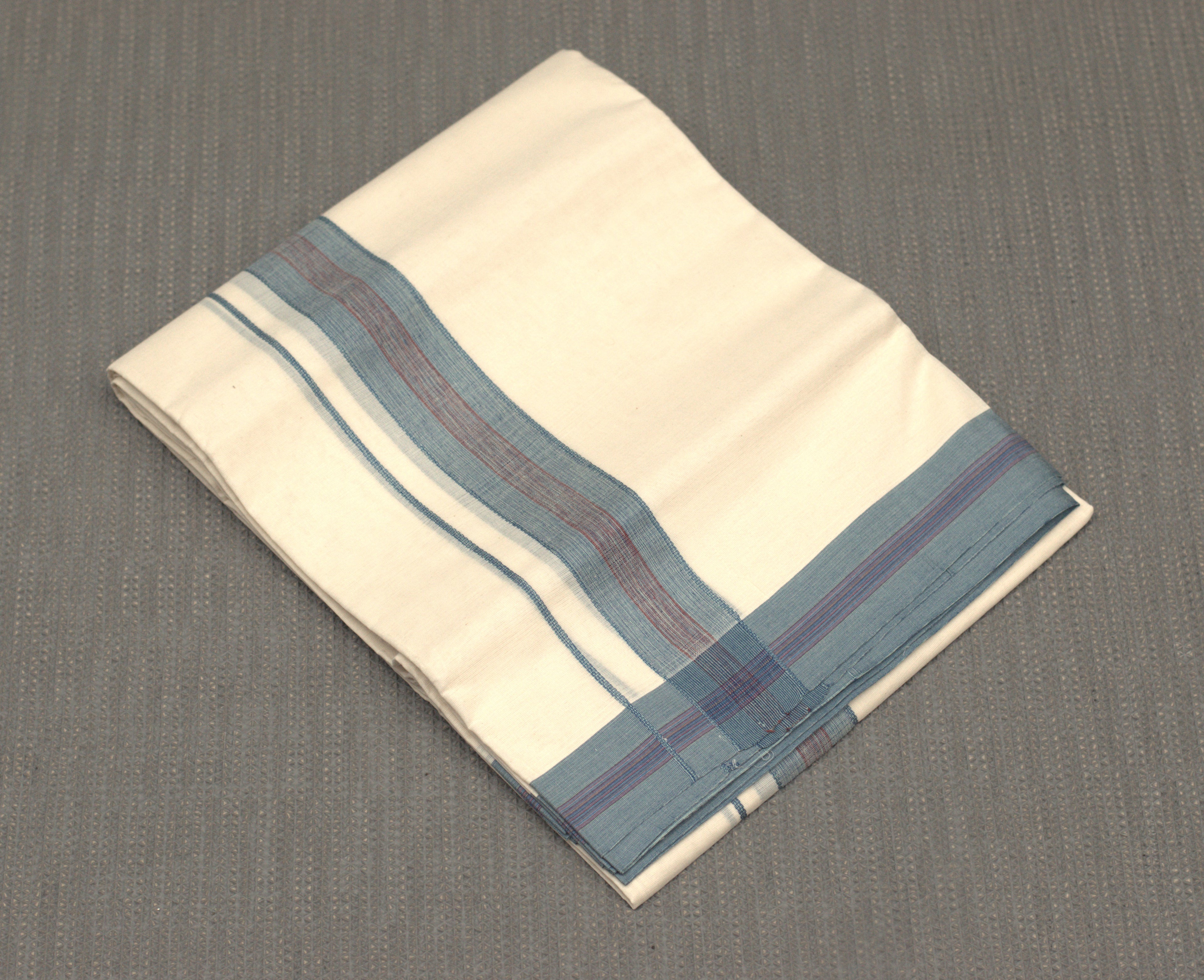 Off-White Cotton Double Mundu with Teal & Maroon Border