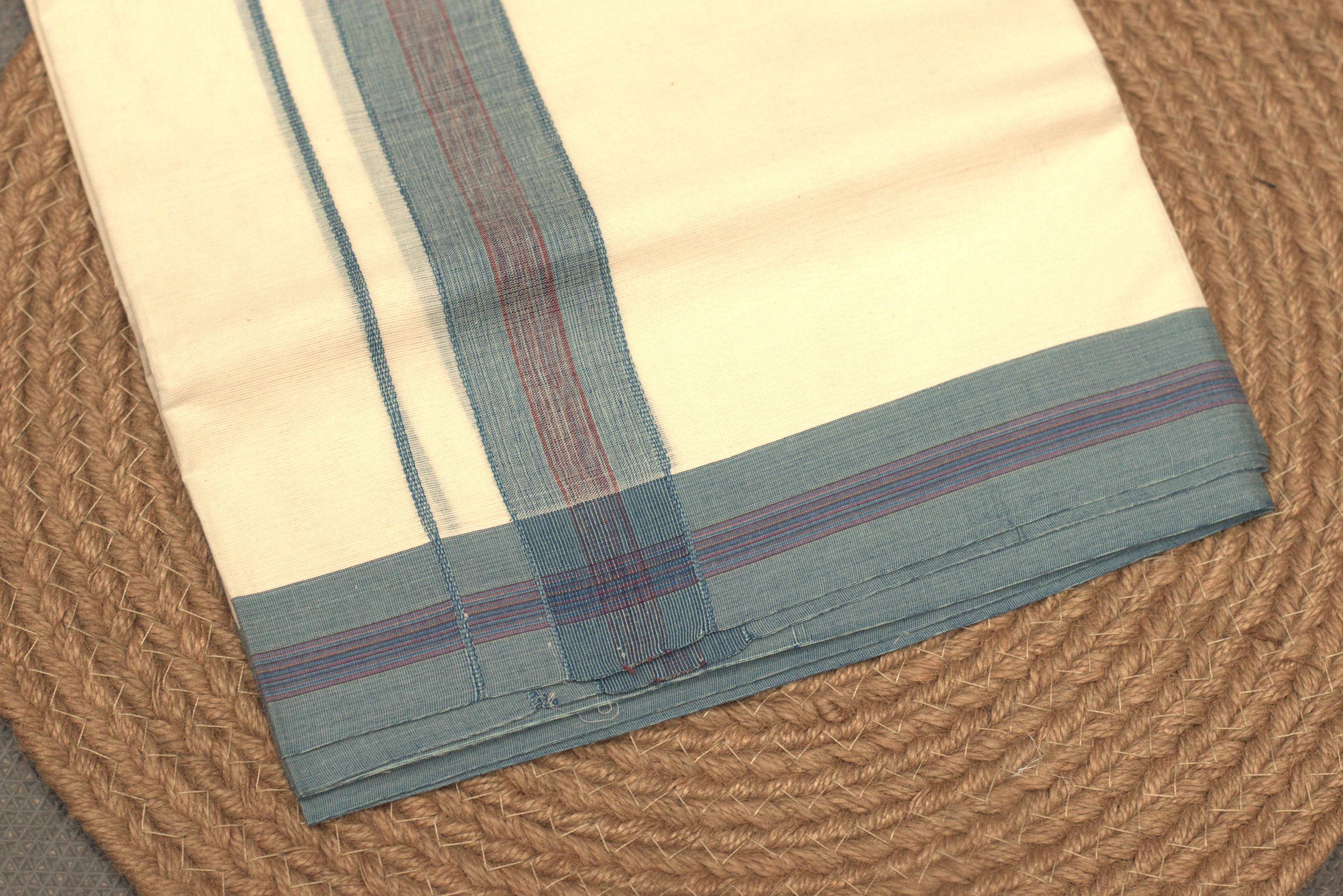 Off-White Cotton Double Mundu with Teal & Maroon Border