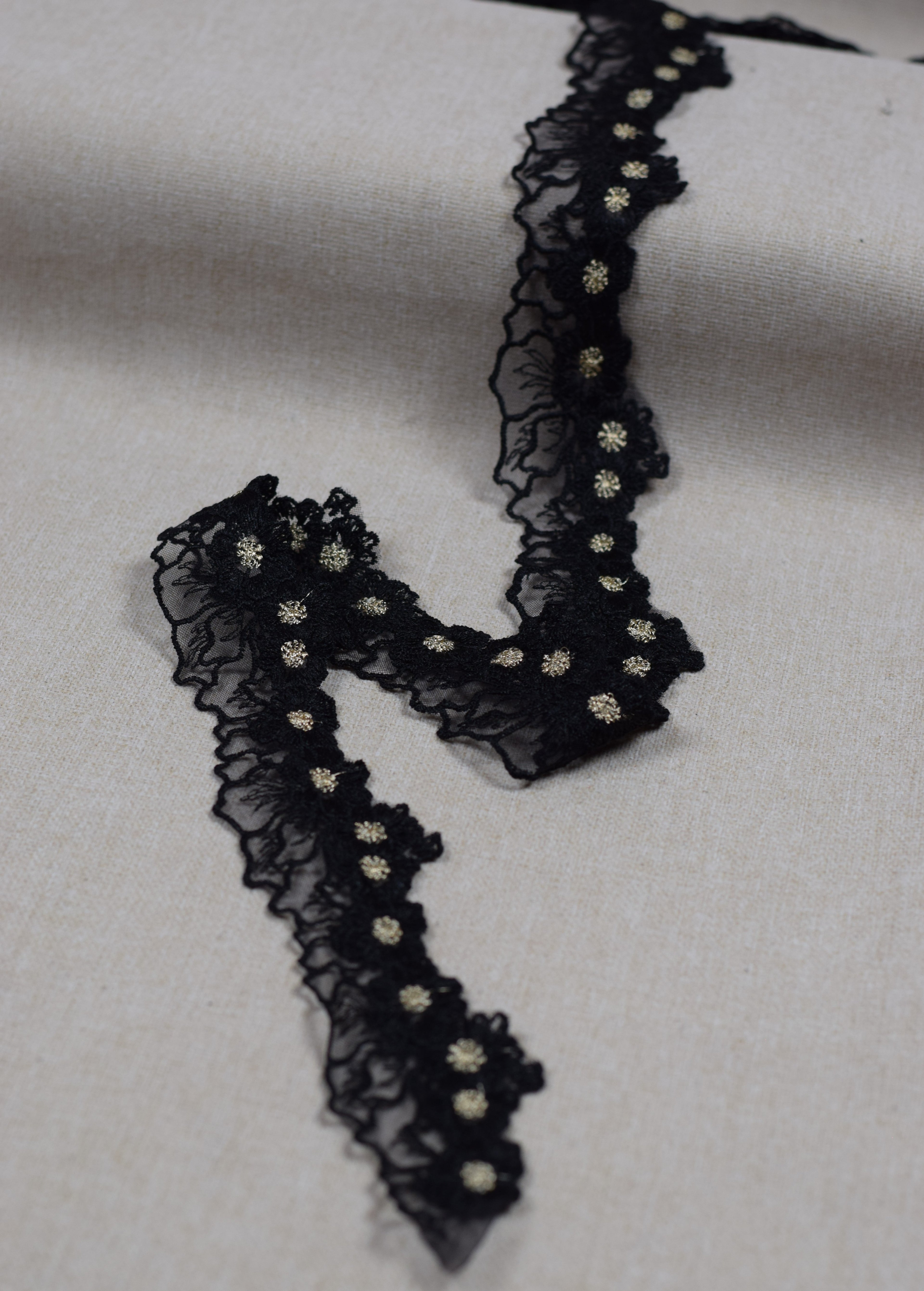 Floral Embroidered Net Lace Trim – Black & Gold | Decorative Sewing & Craft Lace | 10 Yards (9.1 Meters)