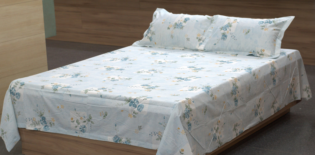 Queen Size Floral Cotton Bedsheet with 2 Pillow Covers – Soft Blue Printed Bed Sheet for Bedroom