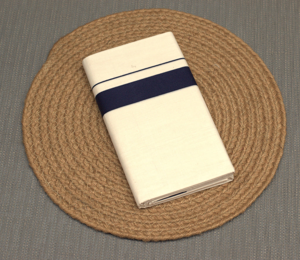 Off-White Cotton Double Kodi Mundu with Navy Blue Border