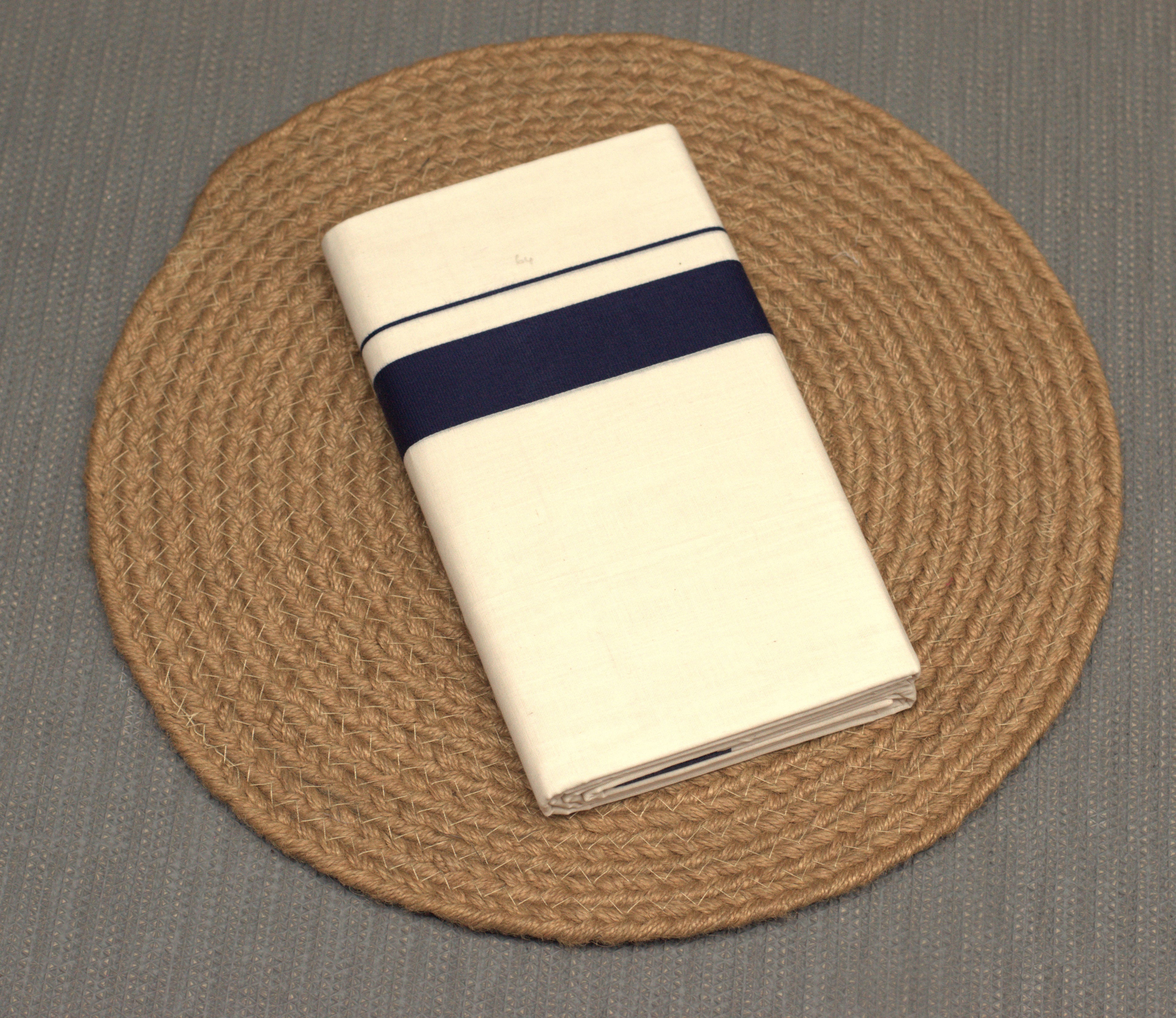 Off-White Cotton Double Kodi Mundu with Navy Blue Border