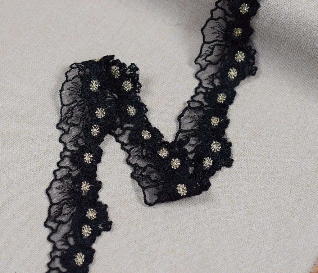Floral Embroidered Net Lace Trim – Black & Gold | Decorative Sewing & Craft Lace | 10 Yards (9.1 Meters)