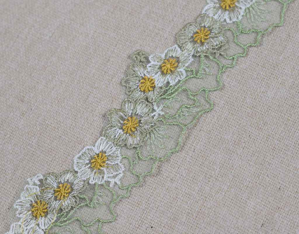 Floral Embroidered Net Lace Trim – Light Sage Green, White & Mustard Yellow | Decorative Sewing Lace | 10 Yards (9.1 Meters)
