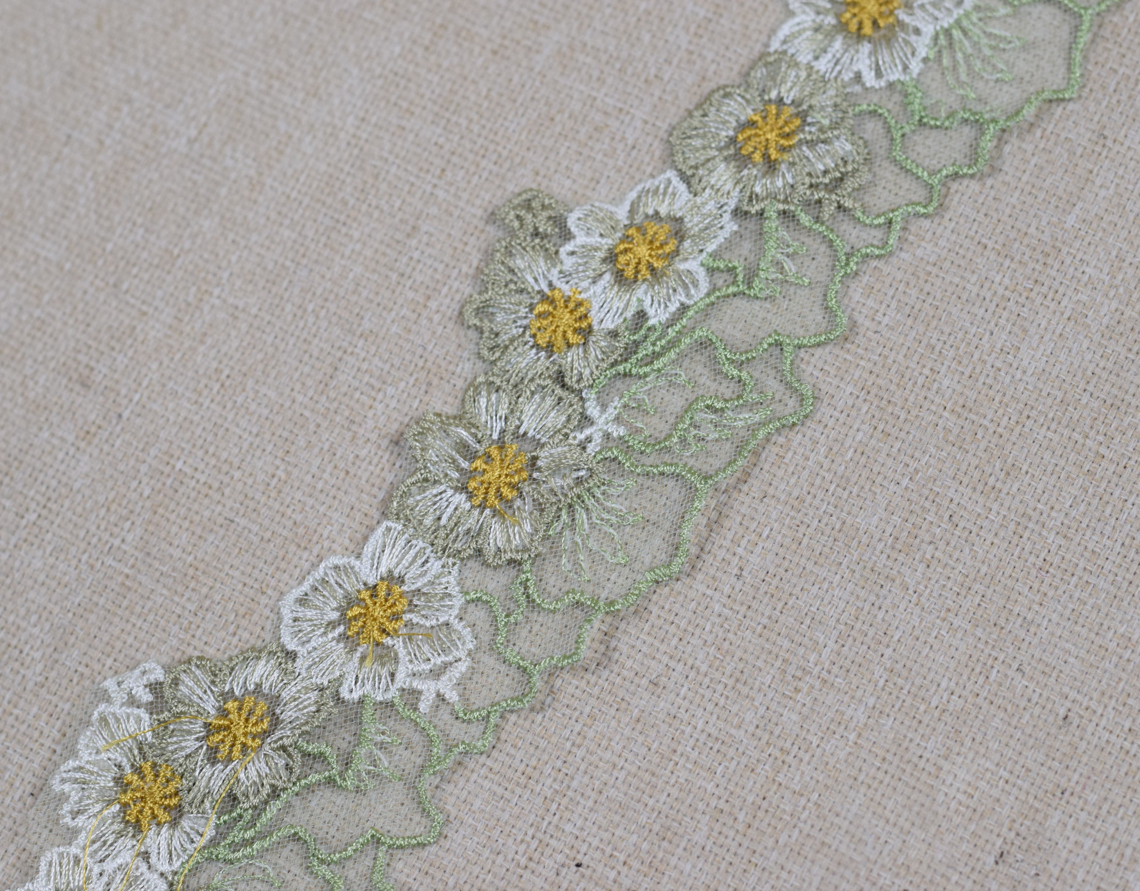 Floral Embroidered Net Lace Trim – Light Sage Green, White & Mustard Yellow | Decorative Sewing Lace | 10 Yards (9.1 Meters)