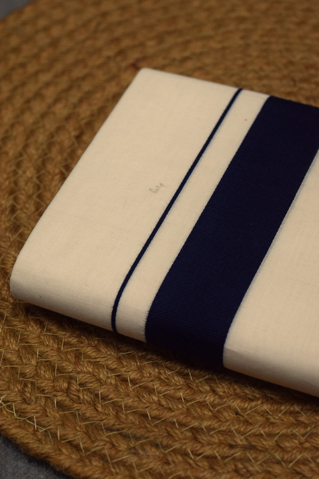 Off-White Cotton Double Kodi Mundu with Navy Blue Border