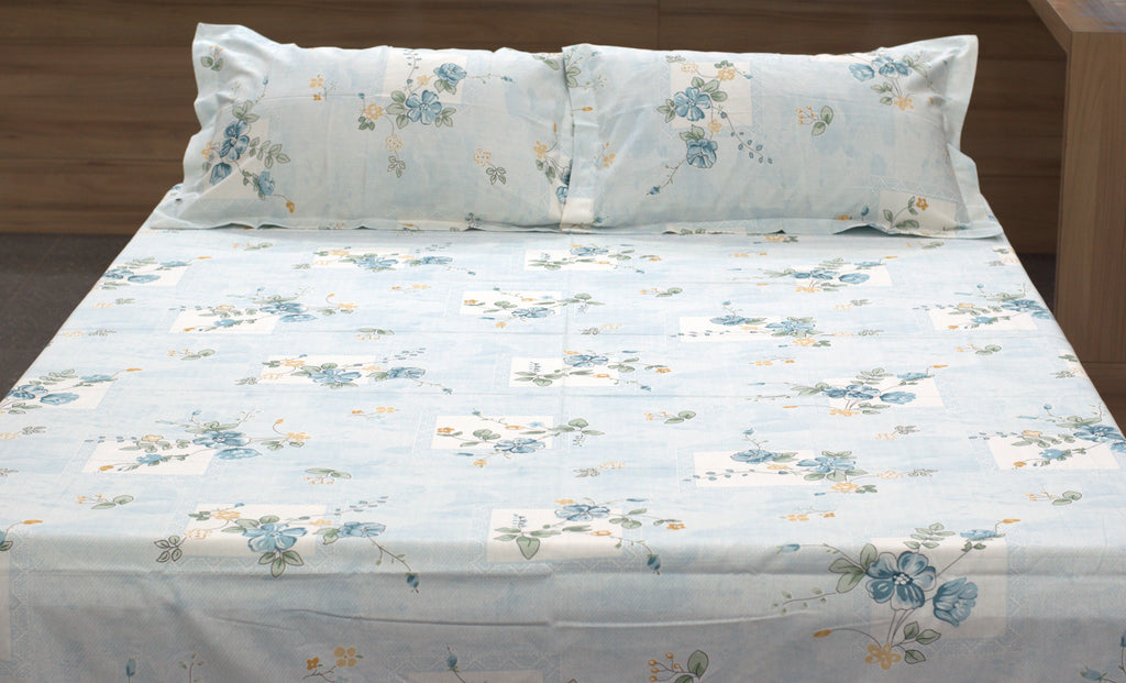 Queen Size Floral Cotton Bedsheet with 2 Pillow Covers – Soft Blue Printed Bed Sheet for Bedroom