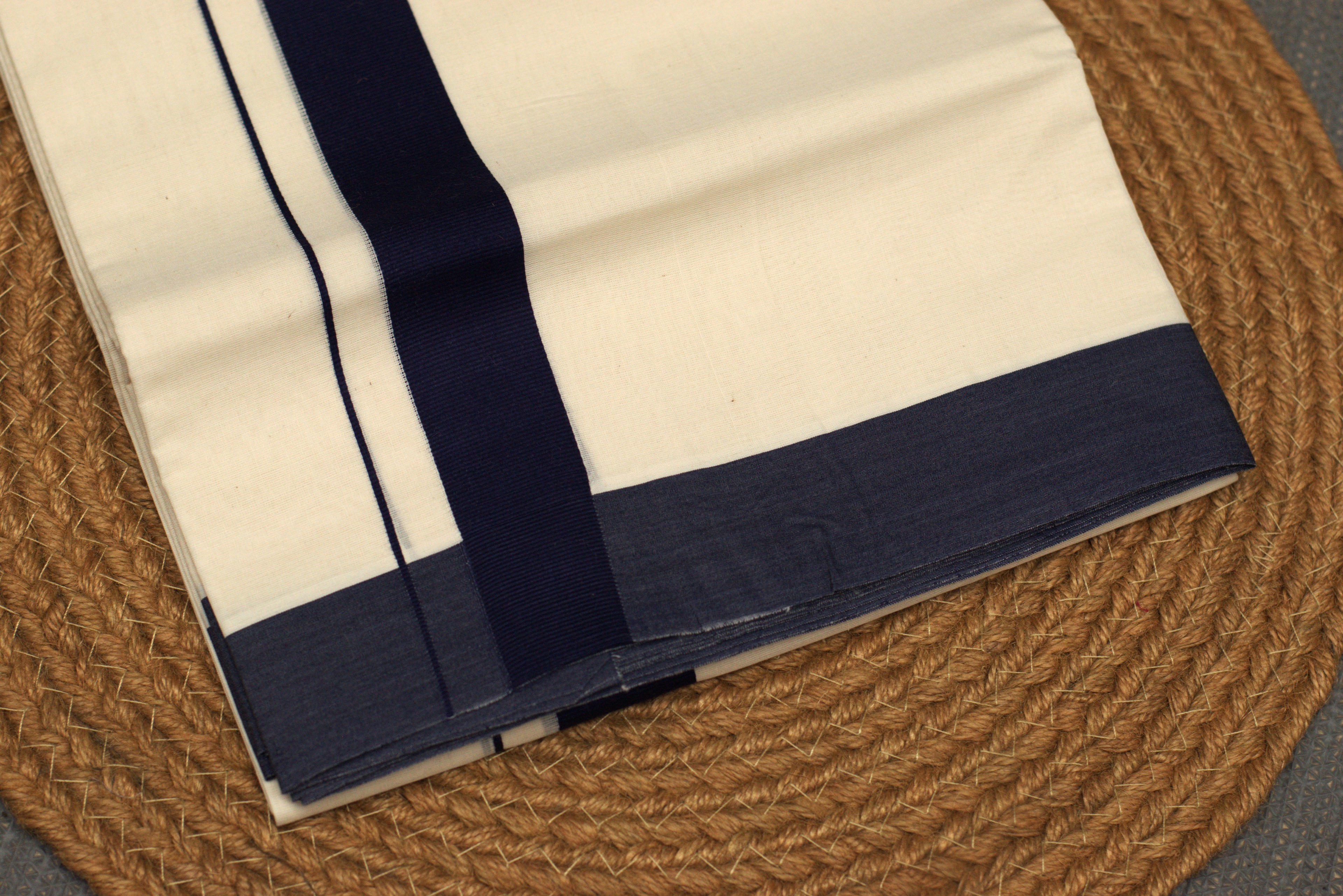 Off-White Cotton Double Kodi Mundu with Navy Blue Border