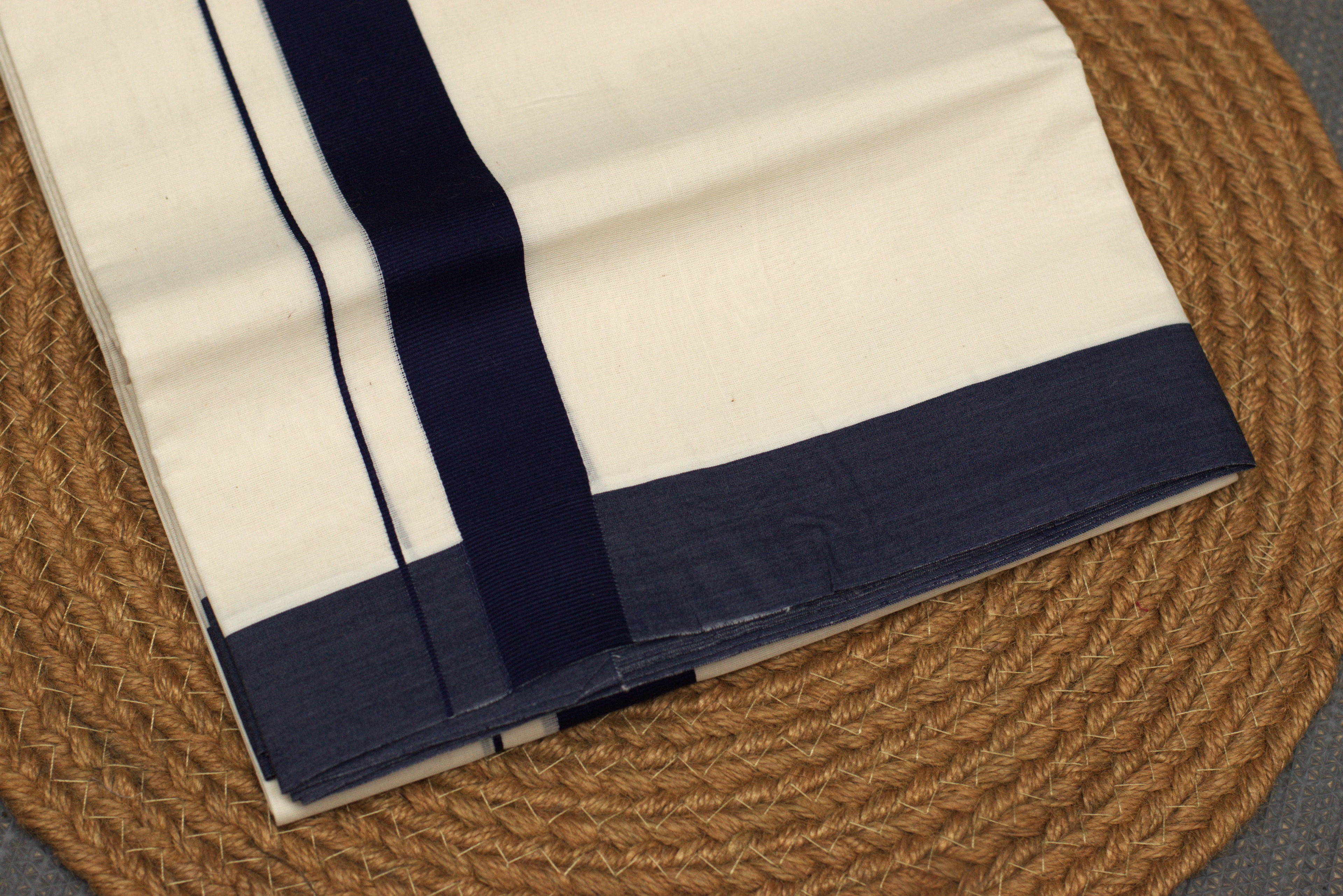 Off-White Cotton Double Kodi Mundu with Navy Blue Border
