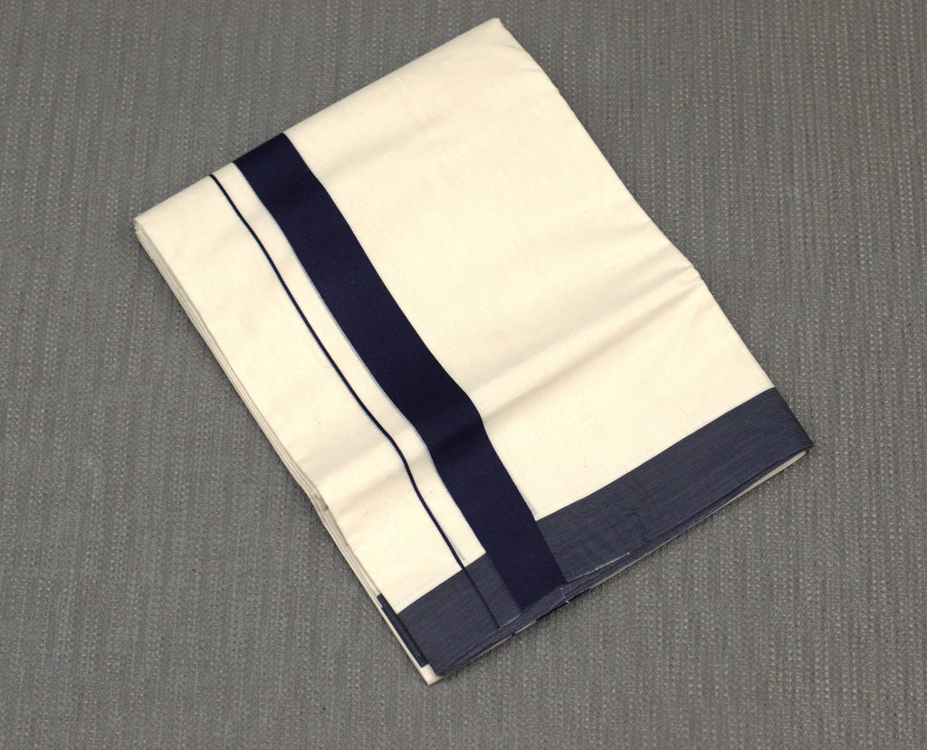 Off-White Cotton Double Kodi Mundu with Navy Blue Border