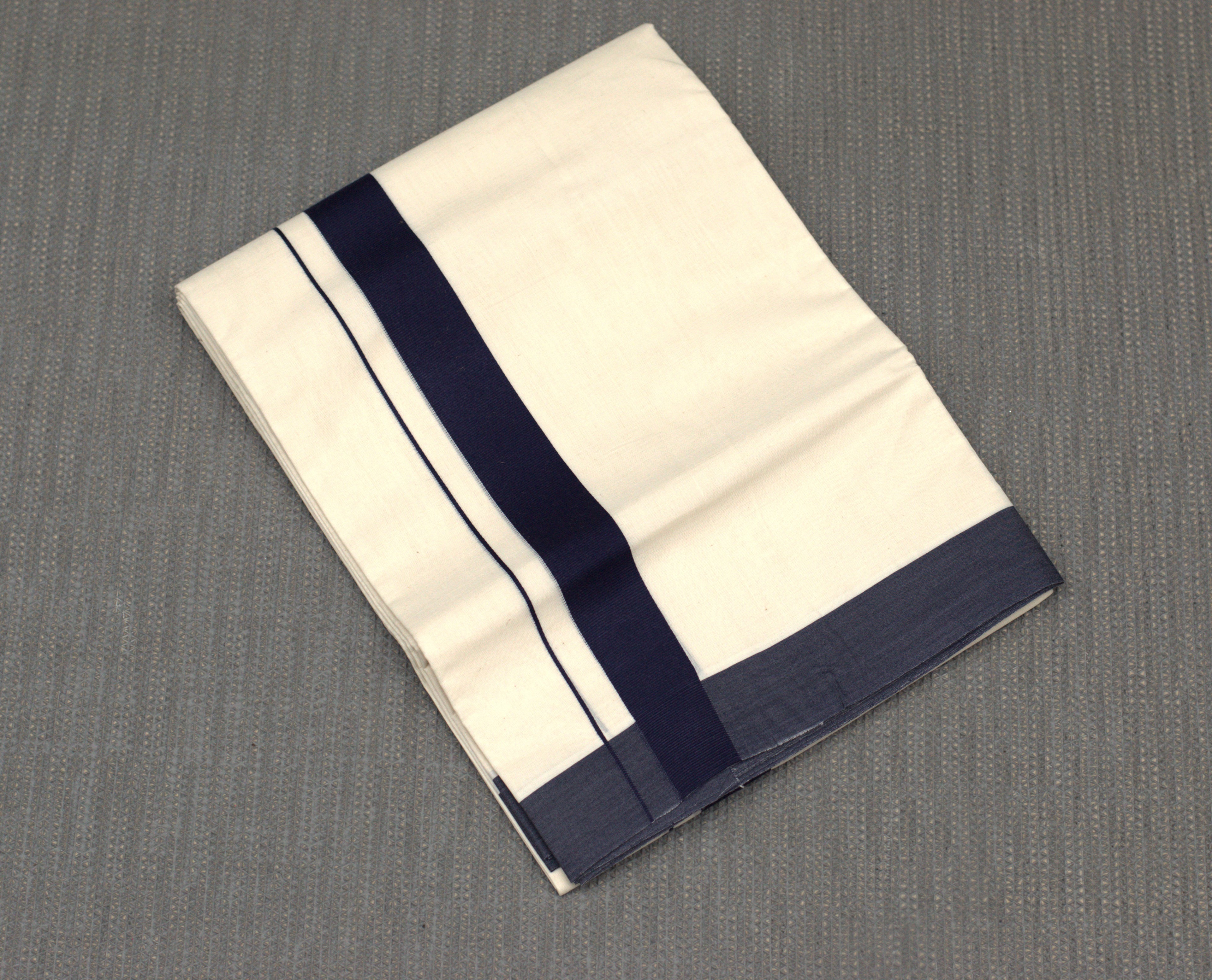 Off-White Cotton Double Kodi Mundu with Navy Blue Border