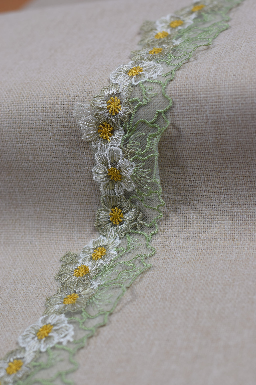 Floral Embroidered Net Lace Trim – Light Sage Green, White & Mustard Yellow | Decorative Sewing Lace | 10 Yards (9.1 Meters)