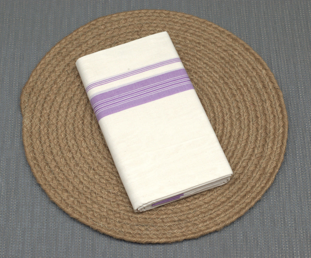 Premium Off-White Cotton Kodi Mundu with Purple Border