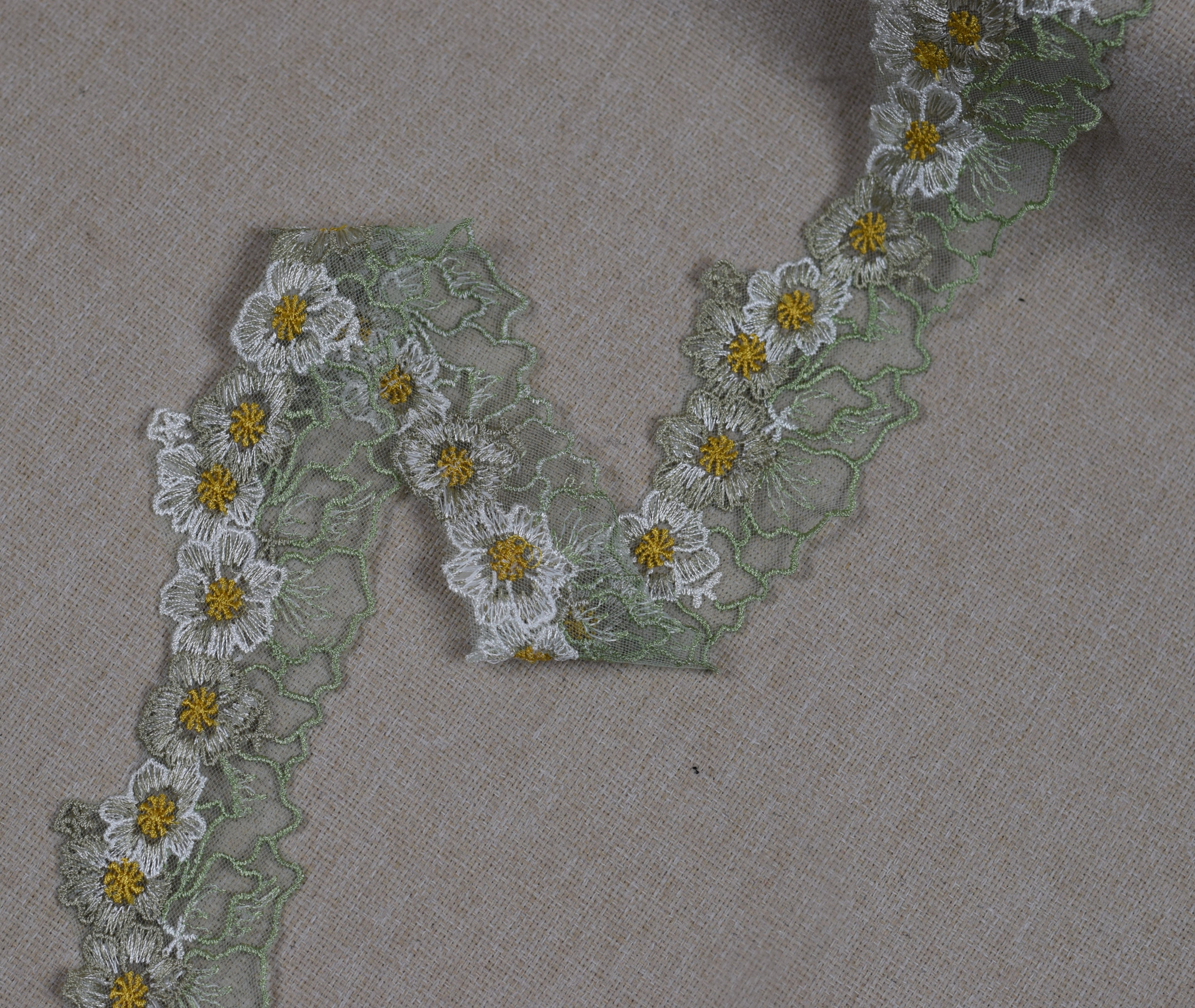 Floral Embroidered Net Lace Trim – Light Sage Green, White & Mustard Yellow | Decorative Sewing Lace | 10 Yards (9.1 Meters)