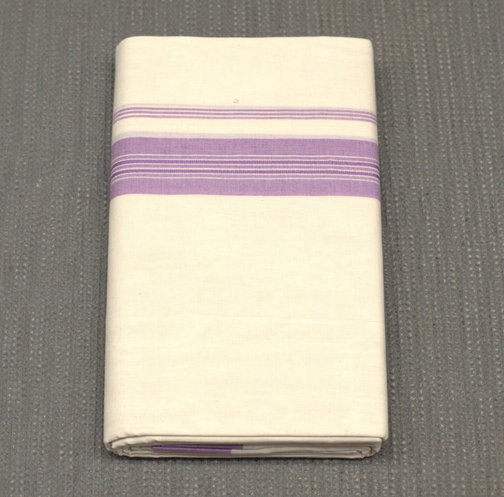 Premium Off-White Cotton Kodi Mundu with Purple Border