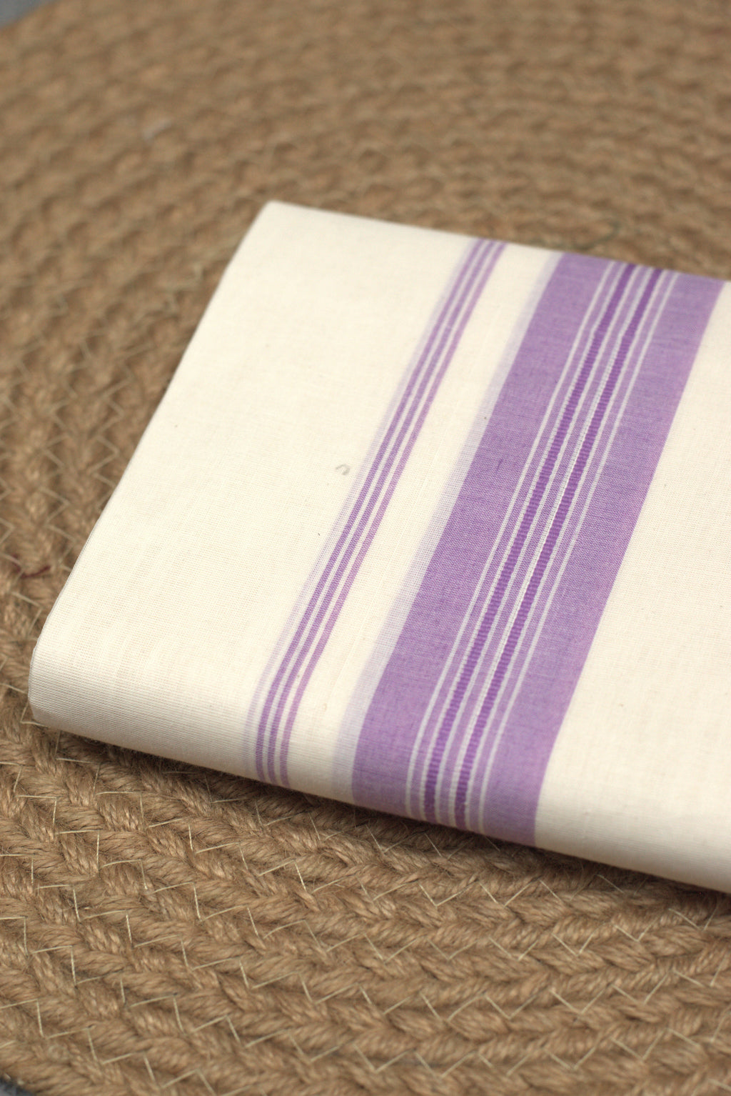 Premium Off-White Cotton Kodi Mundu with Purple Border