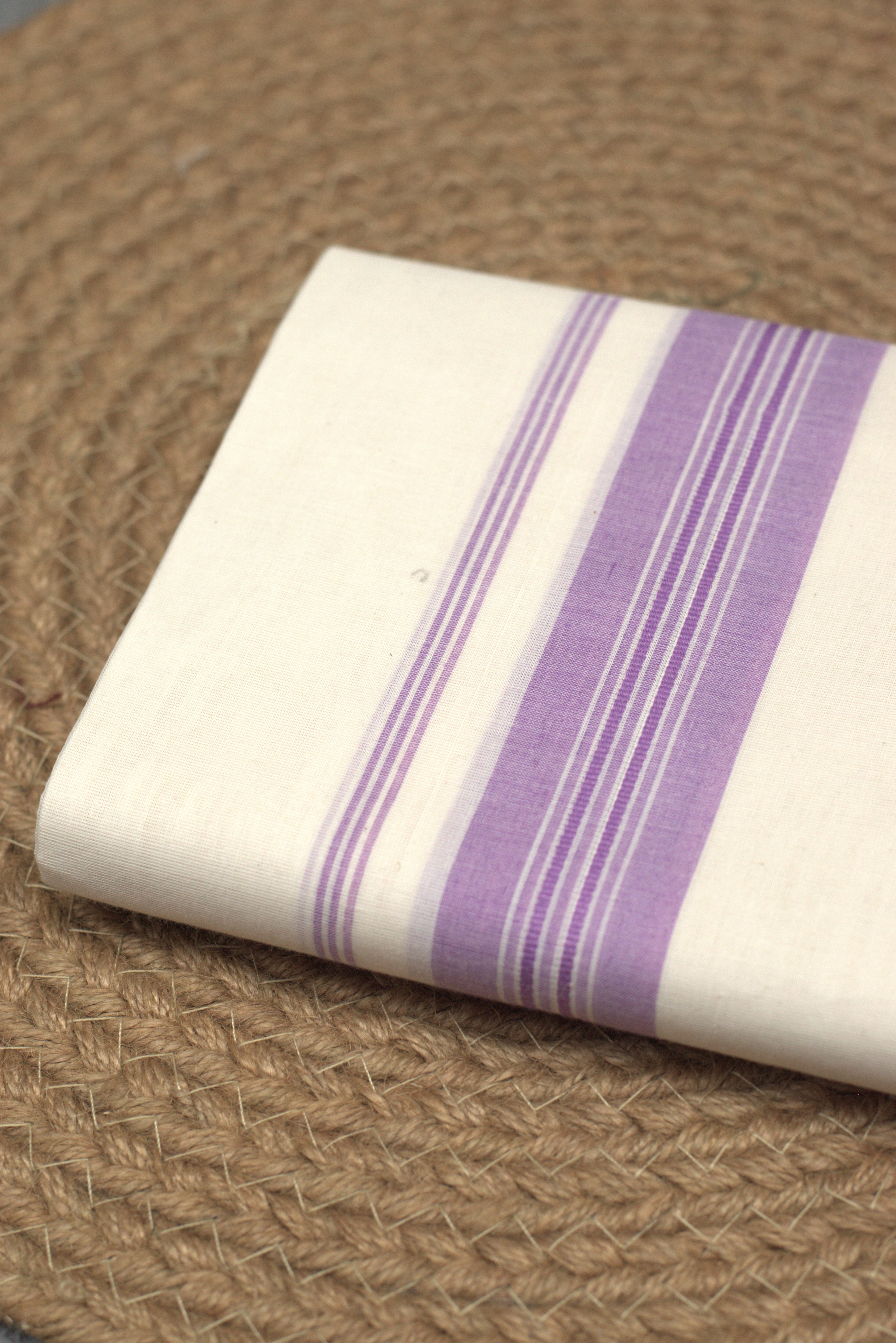 Premium Off-White Cotton Kodi Mundu with Purple Border