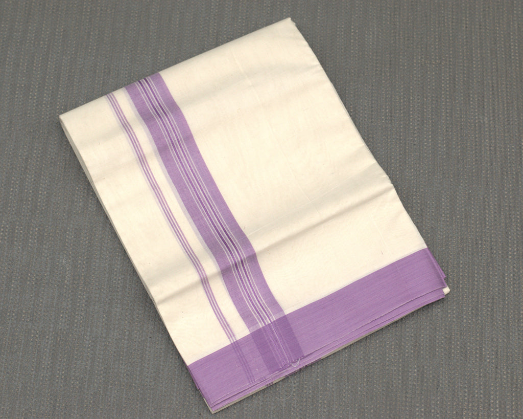 Premium Off-White Cotton Kodi Mundu with Purple Border