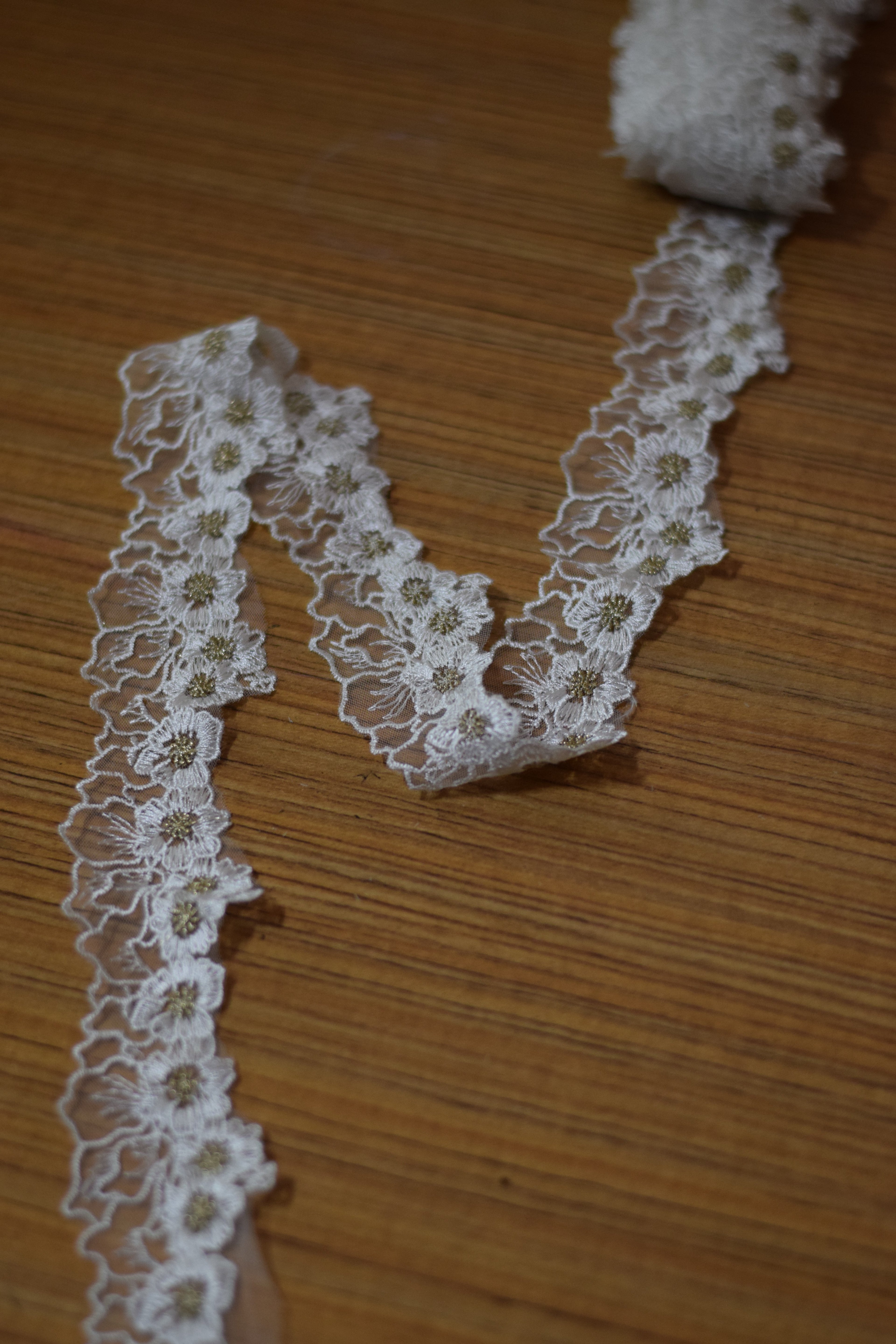 Floral Embroidered Net Lace Trim Off White with Gold Flower Center – 10 Yards (9.1 Meters) Decorative Sewing Lace