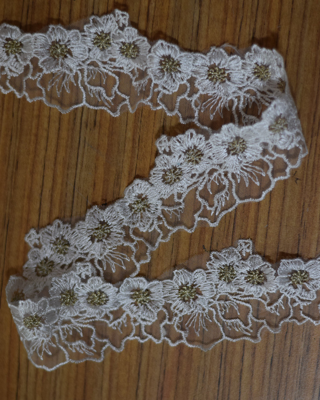 Floral Embroidered Net Lace Trim Off White with Gold Flower Center – 10 Yards (9.1 Meters) Decorative Sewing Lace
