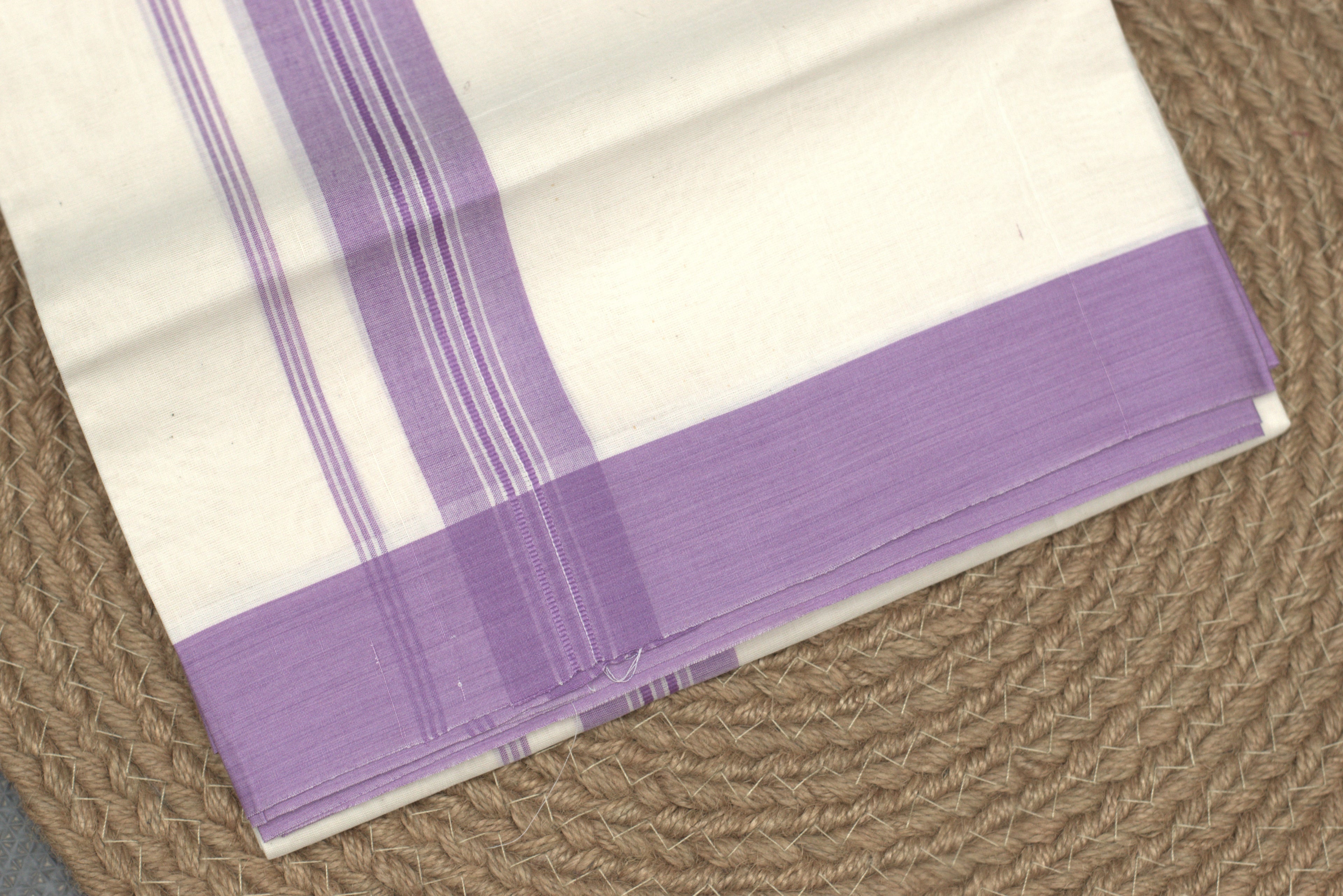Premium Off-White Cotton Kodi Mundu with Purple Border