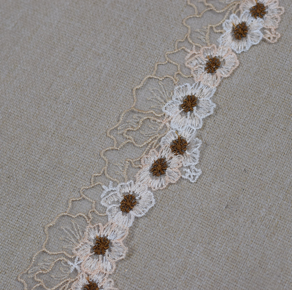 Floral Embroidered Net Lace Trim – White & Beige | 10 Yards (9.1 m) Decorative Sewing & Craft Lace