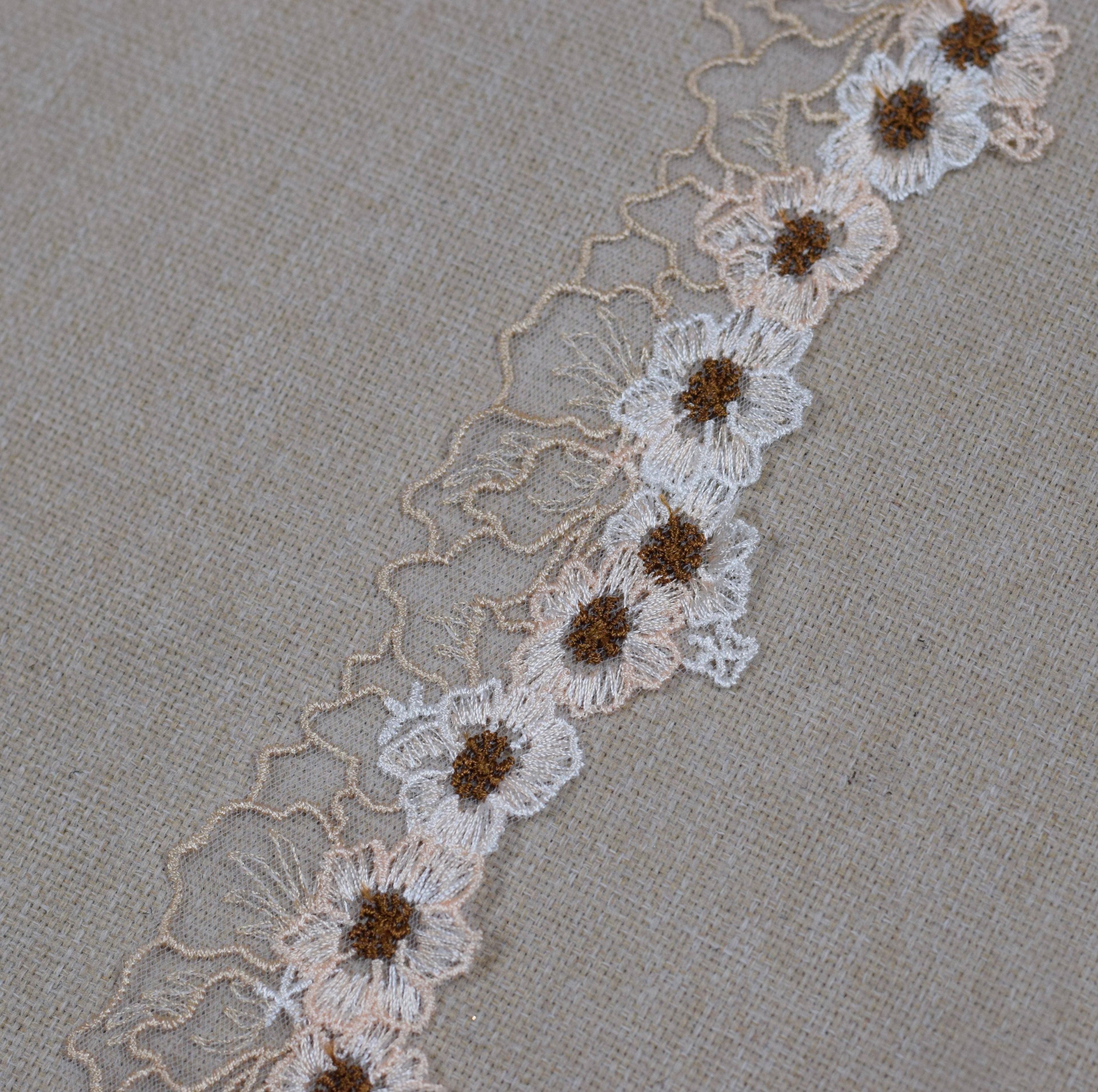 Floral Embroidered Net Lace Trim – White & Beige | 10 Yards (9.1 m) Decorative Sewing & Craft Lace