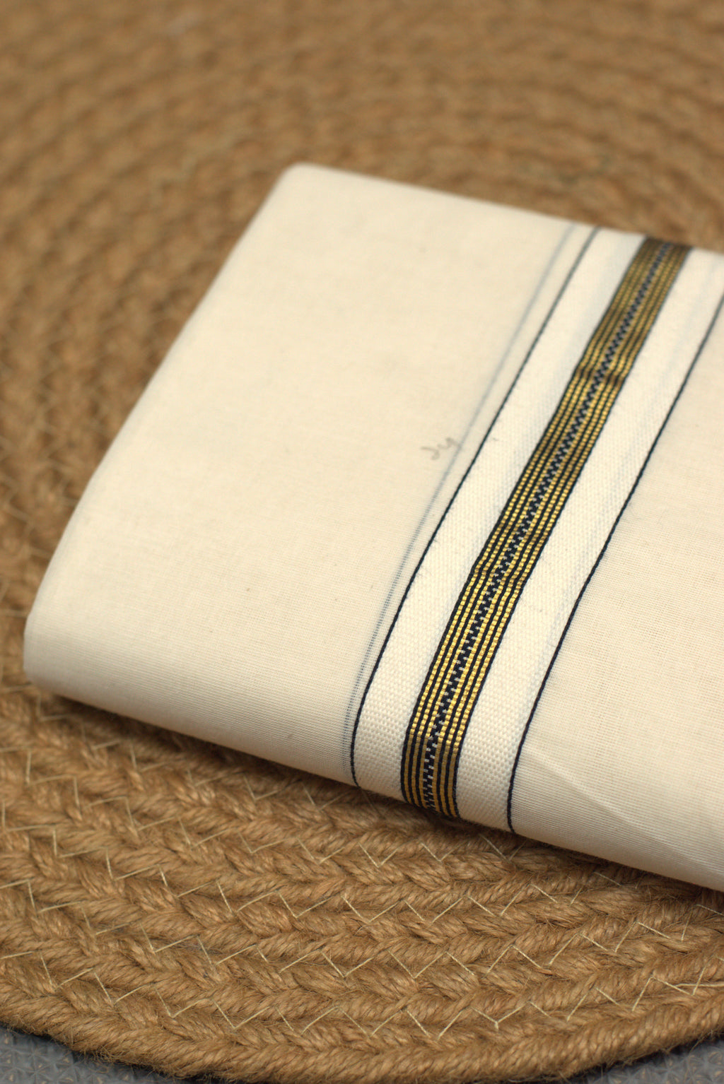 Premium Off-White Cotton Double Mundu with Golden Zari Border (Kodi Mundu)