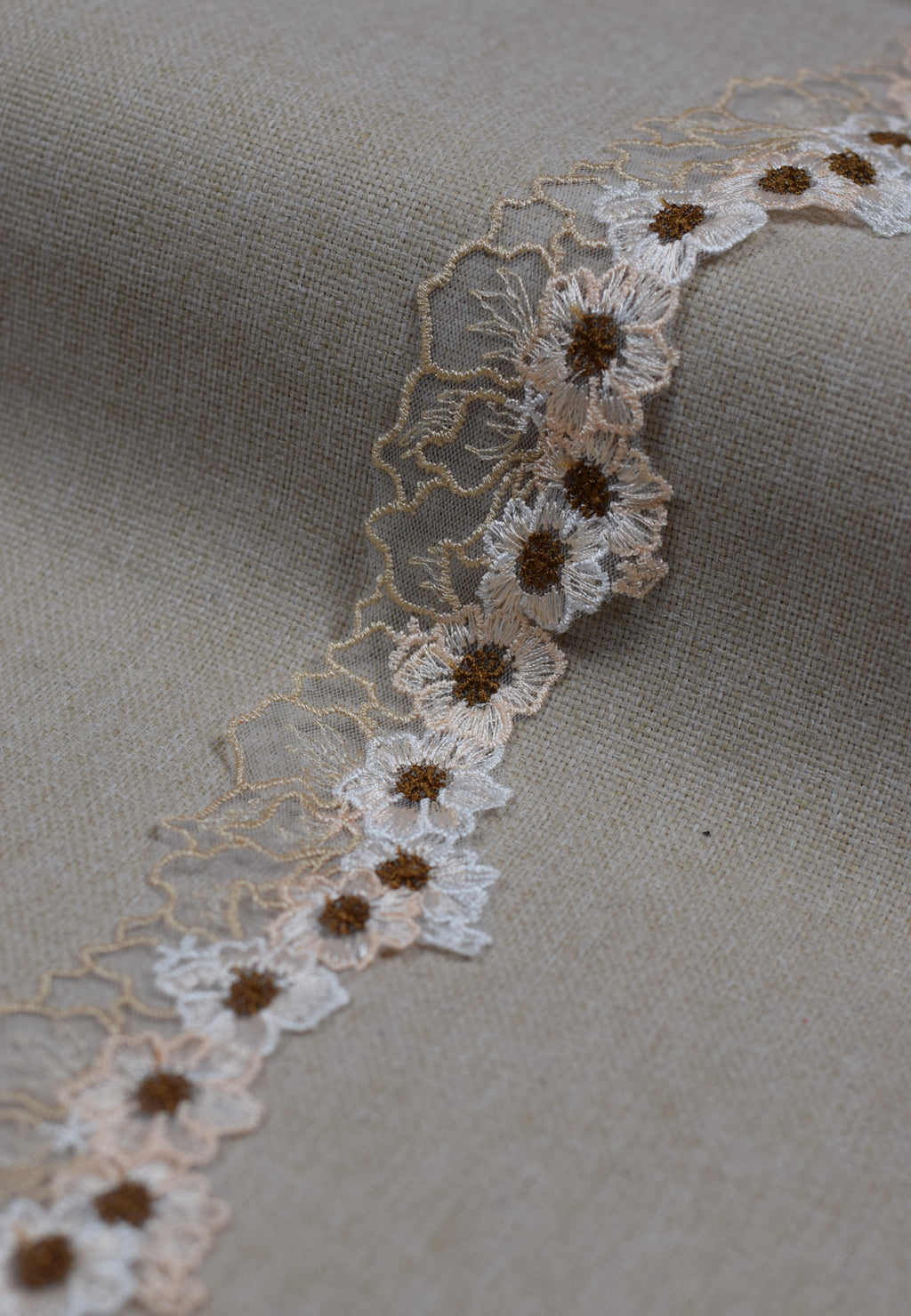 Floral Embroidered Net Lace Trim – White & Beige | 10 Yards (9.1 m) Decorative Sewing & Craft Lace