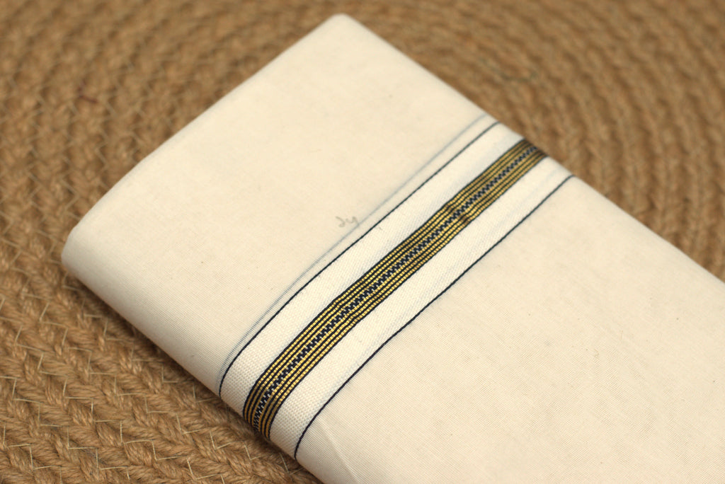 Premium Off-White Cotton Double Mundu with Golden Zari Border (Kodi Mundu)